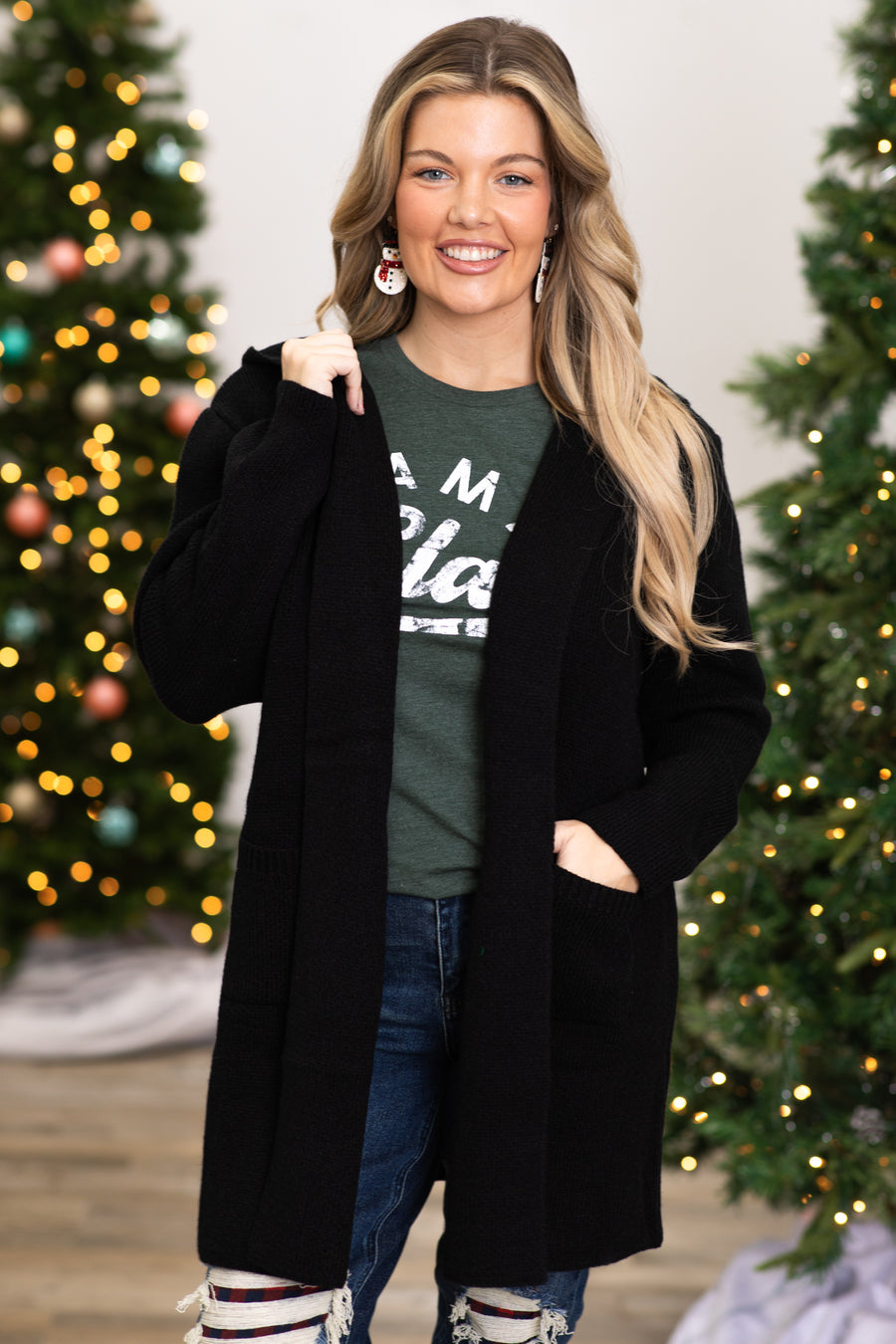 Black Hooded Cardigan With Pockets