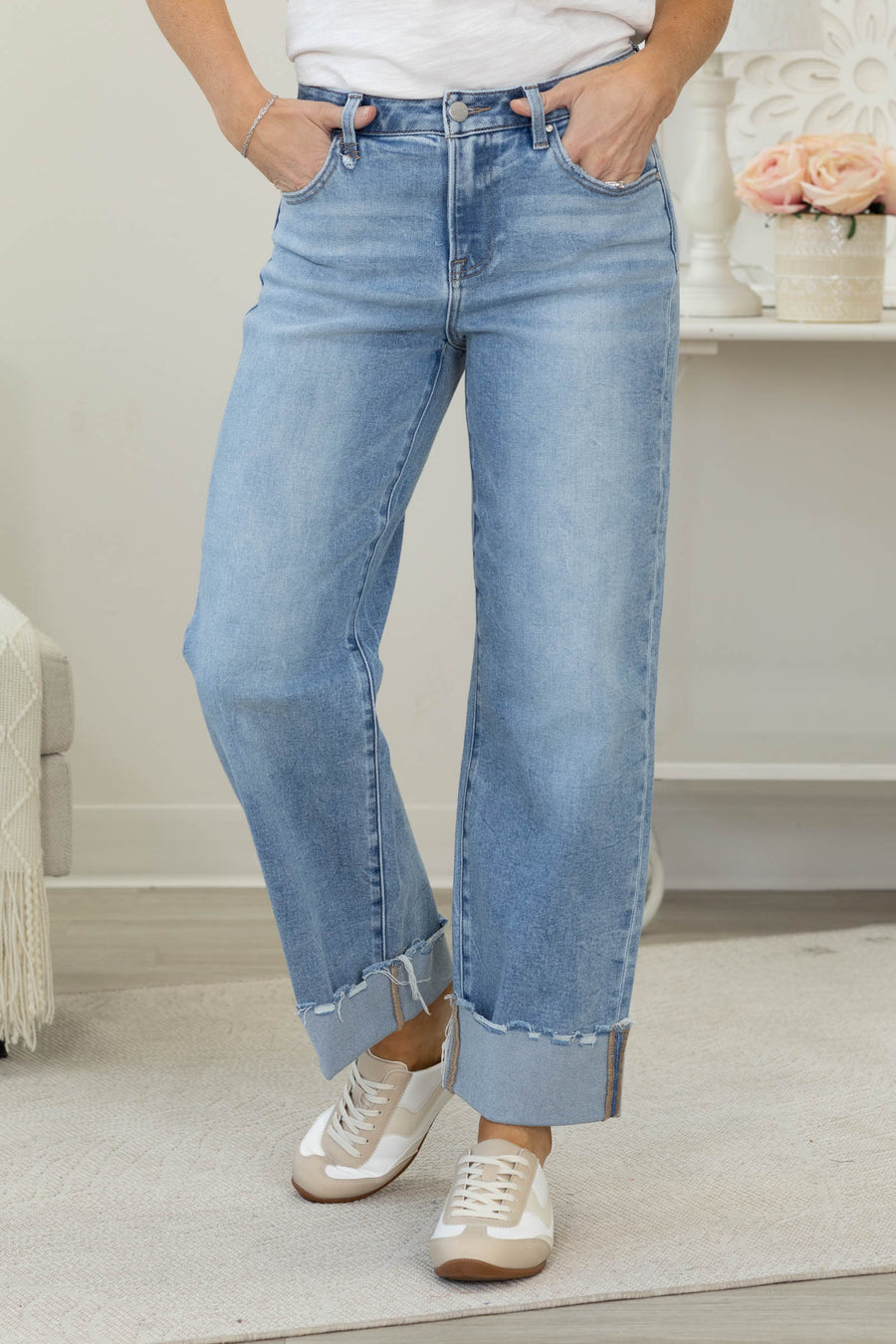 Risen Light Wash High Rise Crop Boyfriend Cuffed Jeans