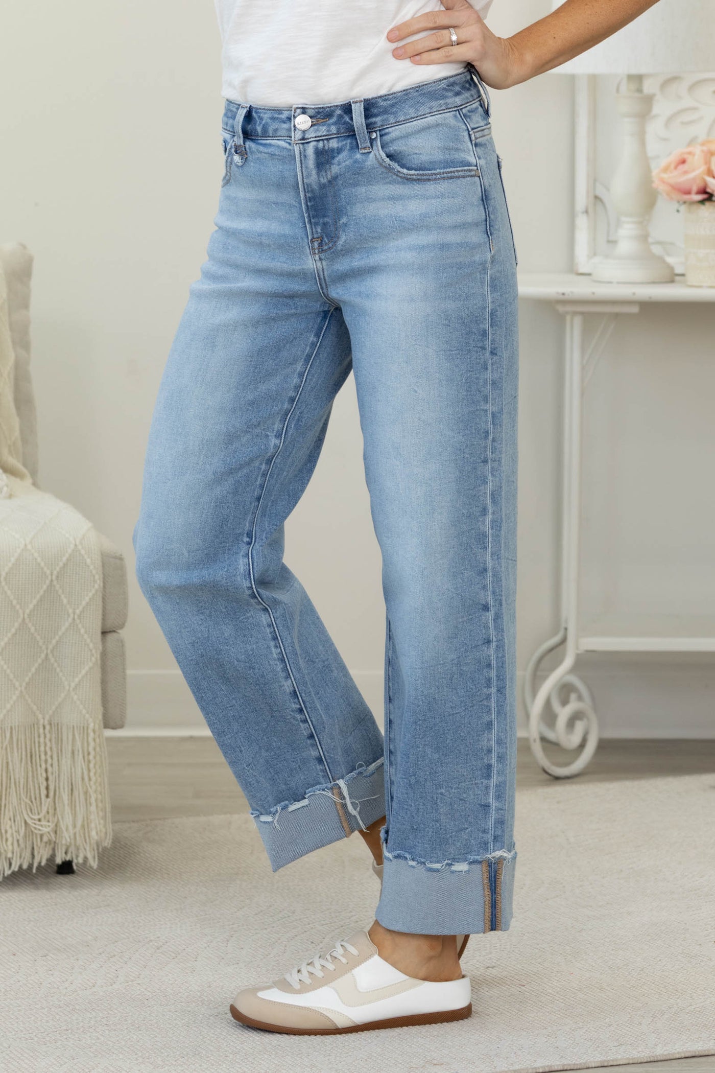Risen Light Wash High Rise Crop Boyfriend Cuffed Jeans