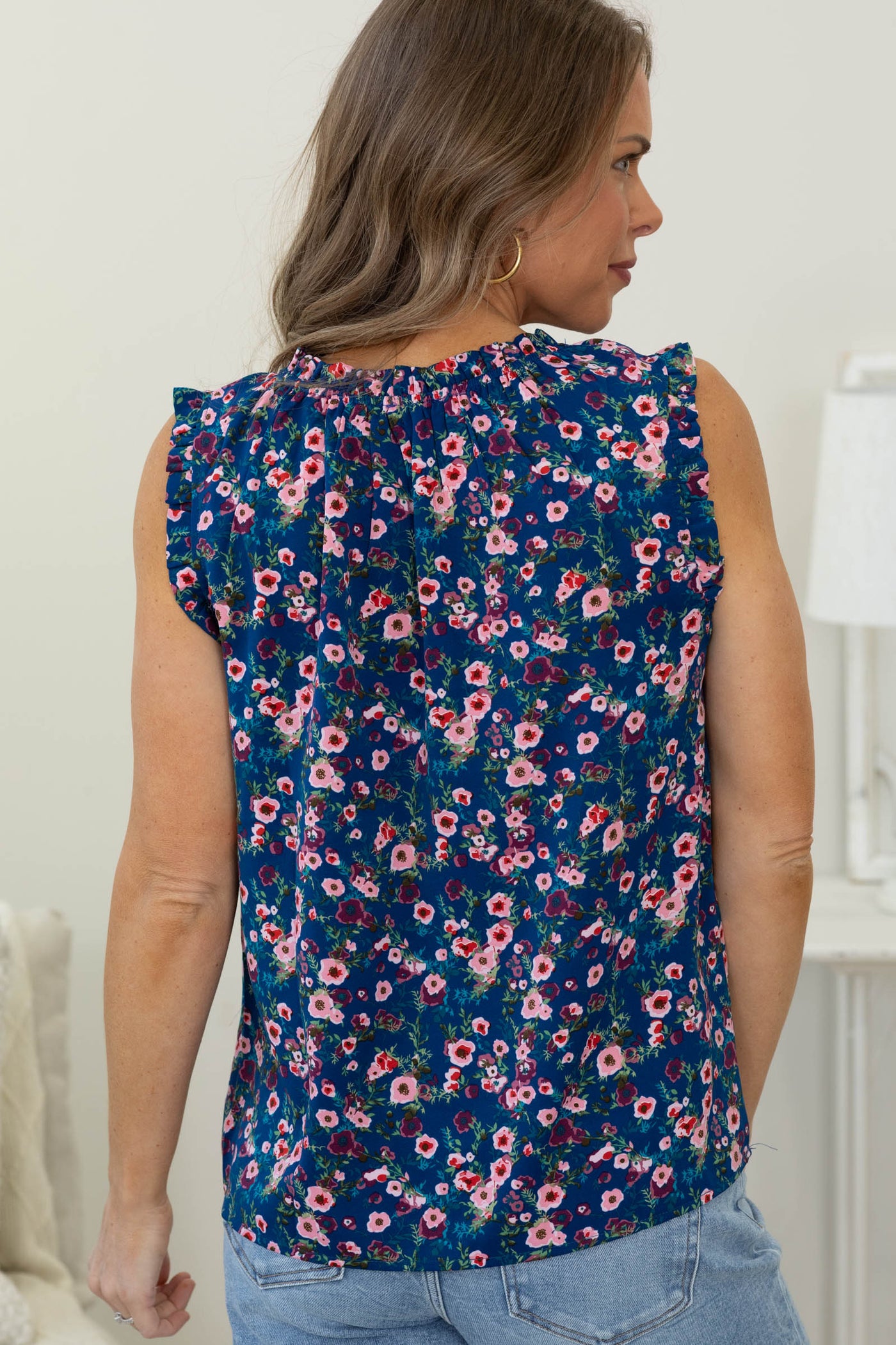 Staccato Navy Floral Print Ruffle Detail Woven Top