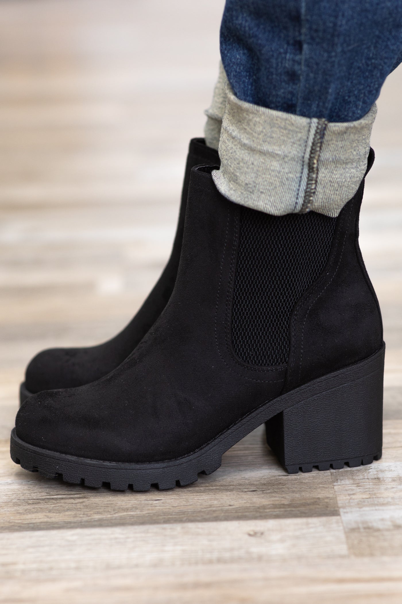 Black Faux Suede Pull On Boots