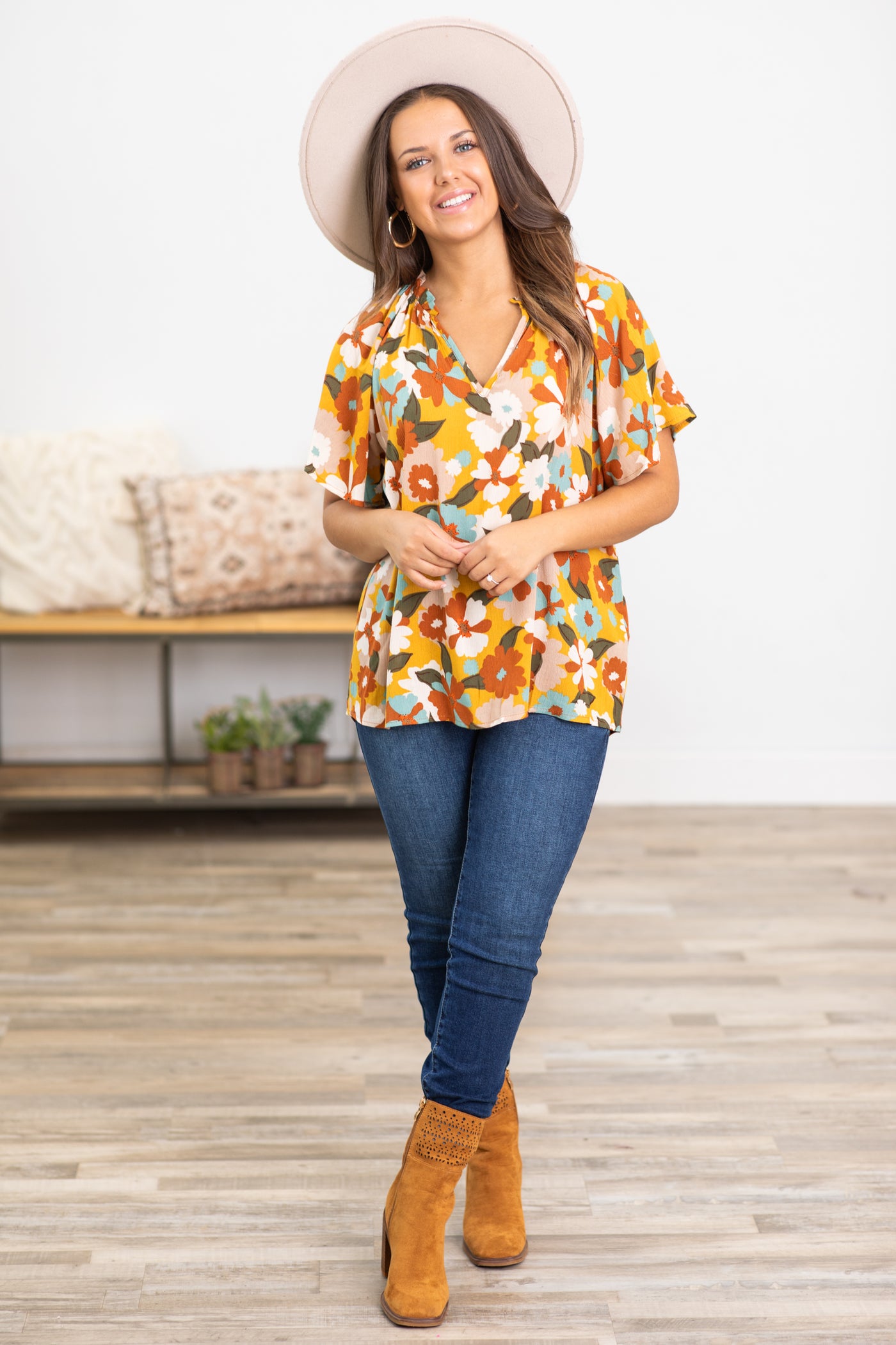 Cognac and Olive Floral Print Top