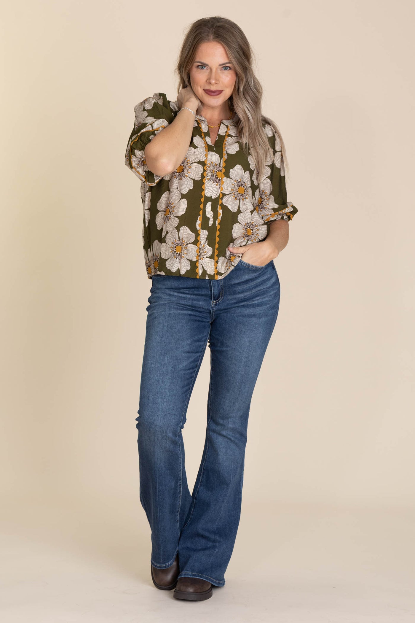 Olive V-Neck Floral Printed 3/4 Sleeve Blouse