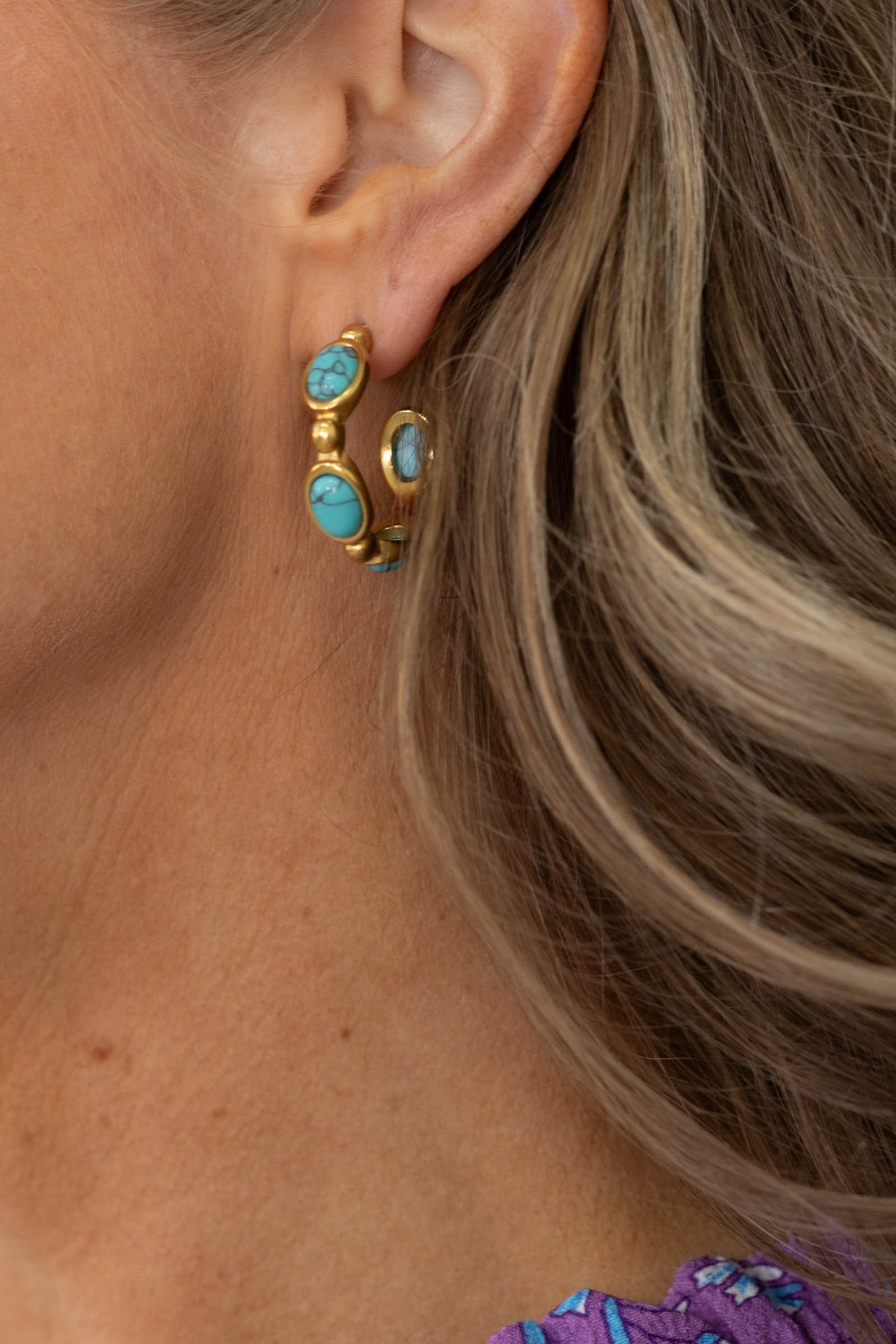 Gold And Bubble Turquoise Hoop Earrings