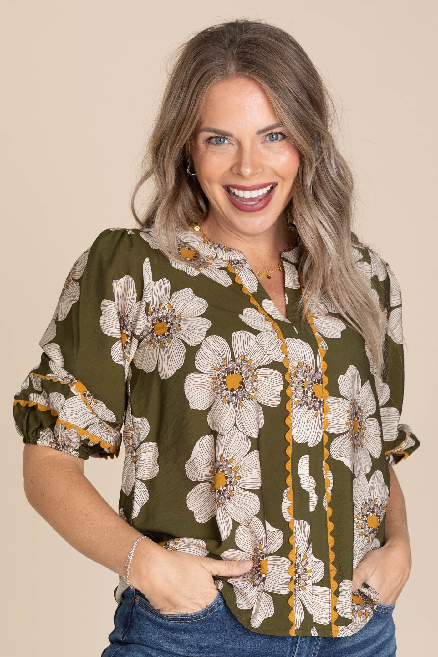 Olive V-Neck Floral Printed 3/4 Sleeve Blouse
