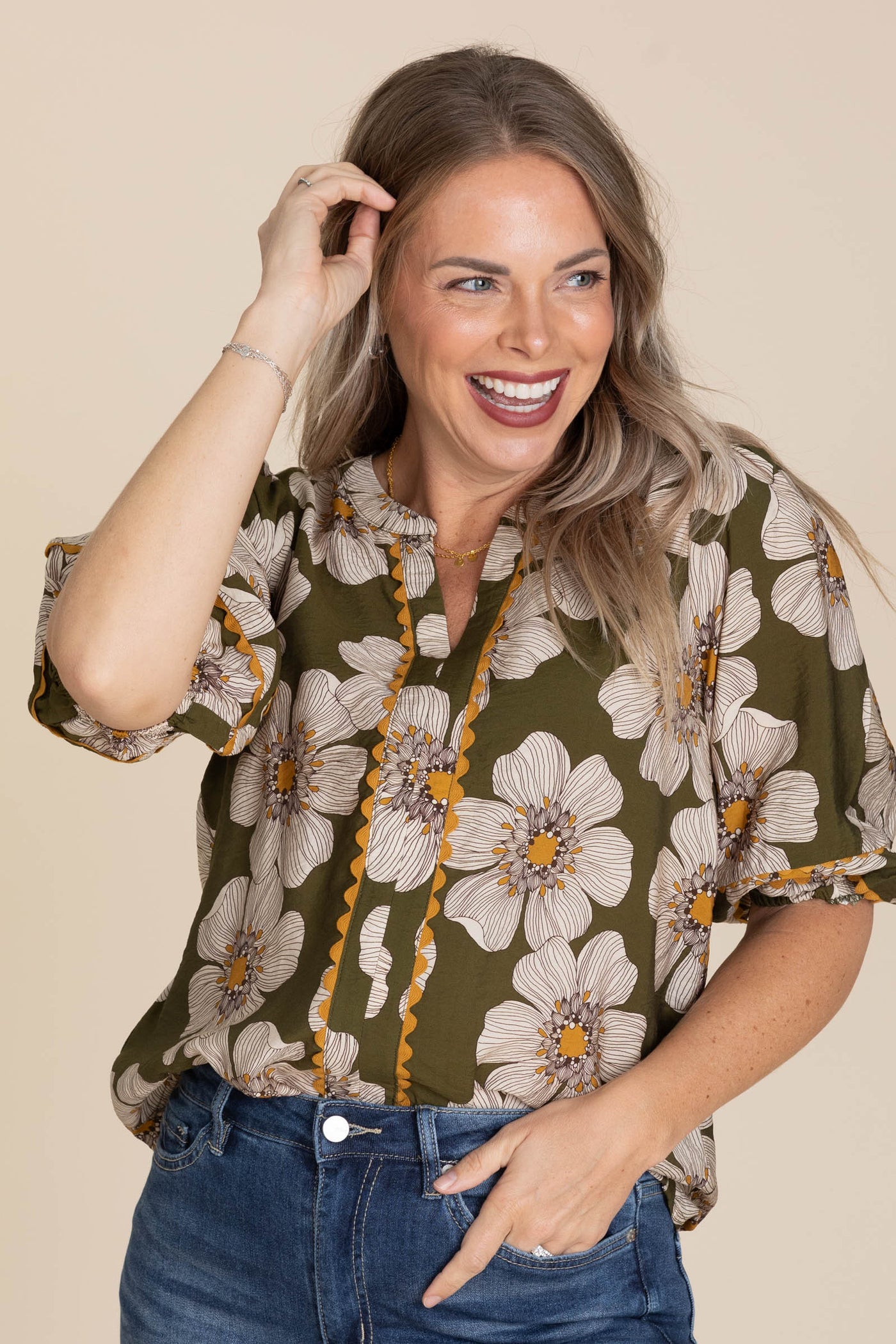 Olive V-Neck Floral Printed 3/4 Sleeve Blouse