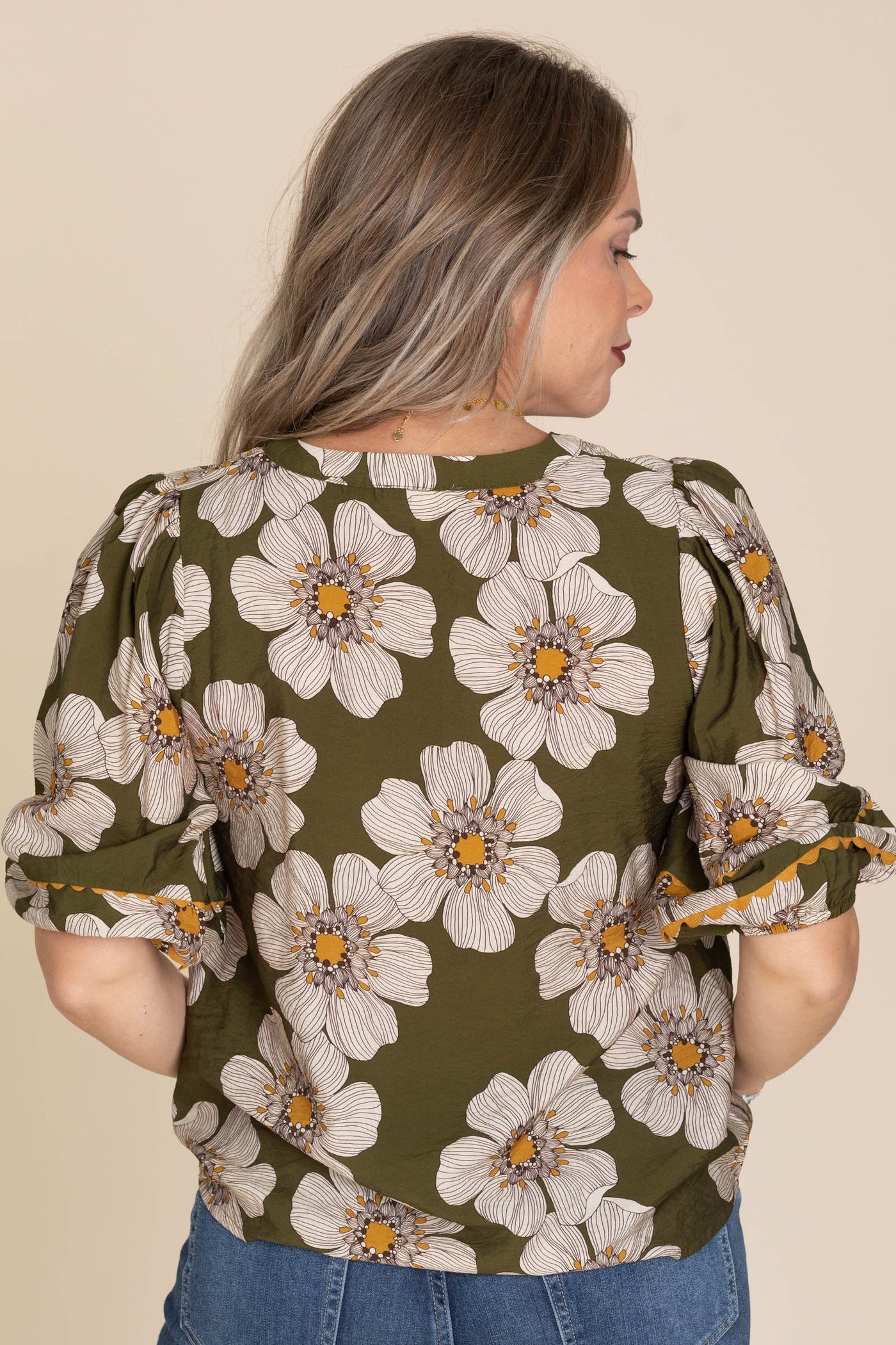 Olive V-Neck Floral Printed 3/4 Sleeve Blouse