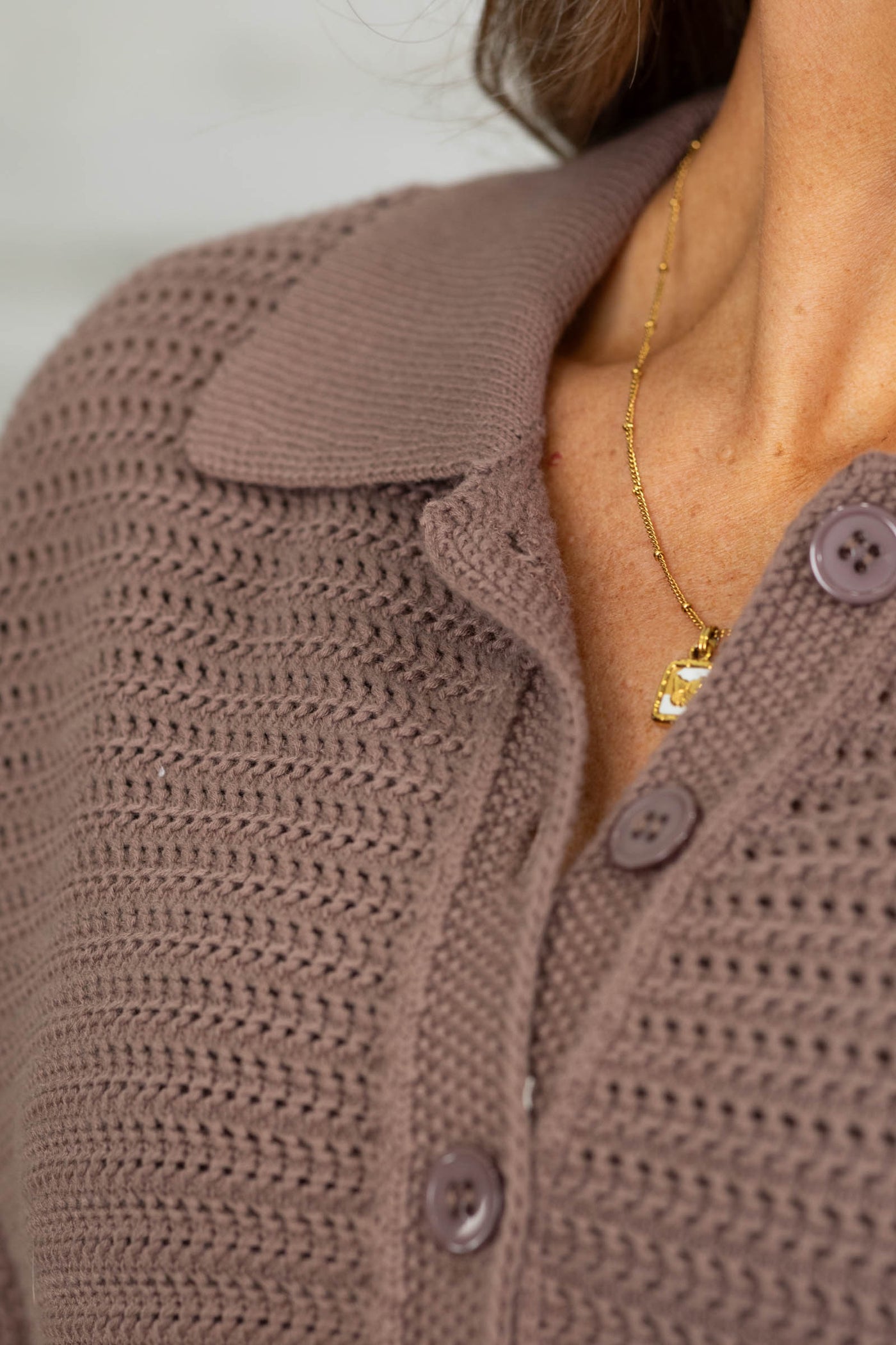 Brown Short Sleeve Button Up Sweater Top