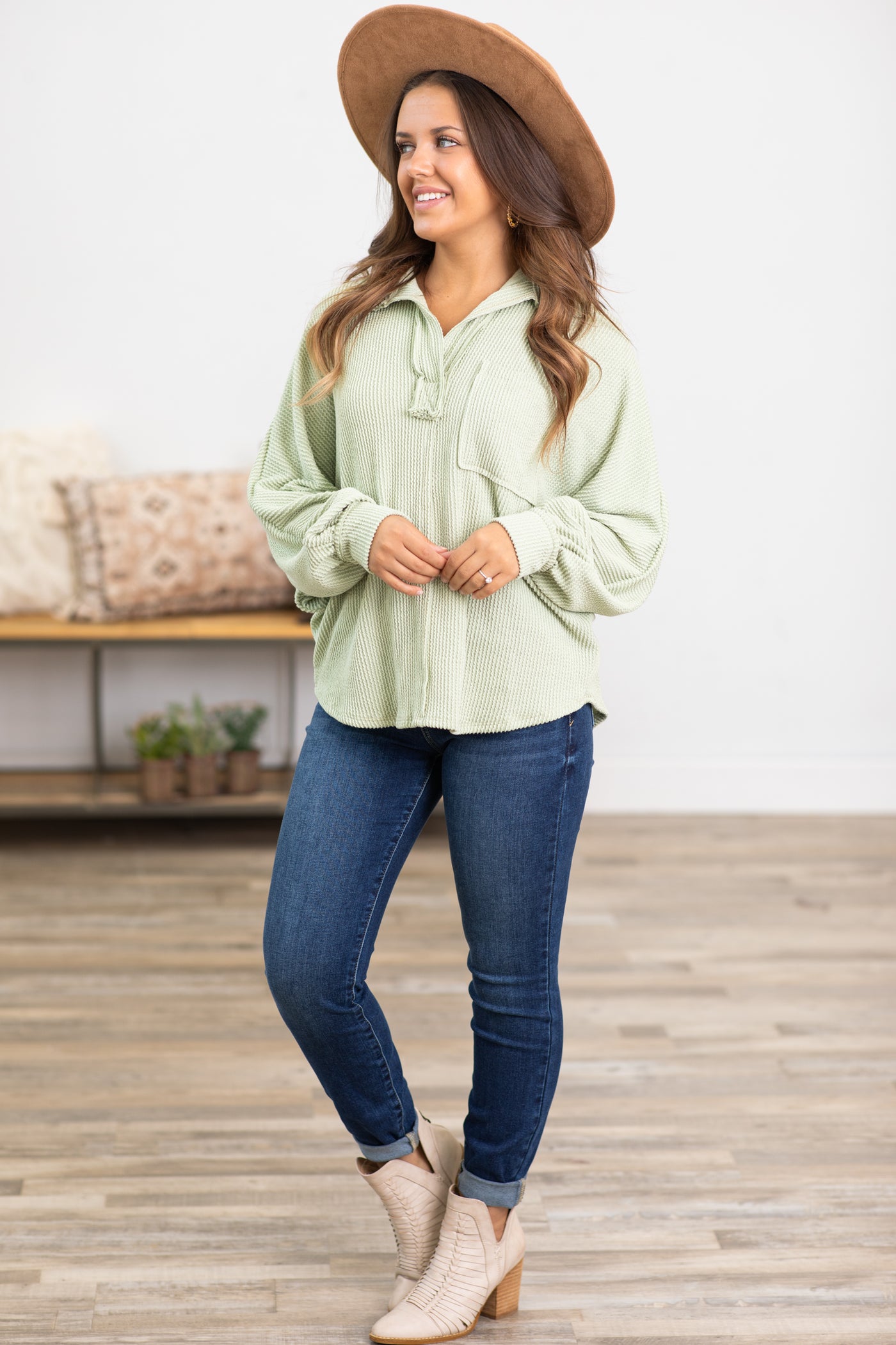 Sage Ribbed Top With Collar Detail