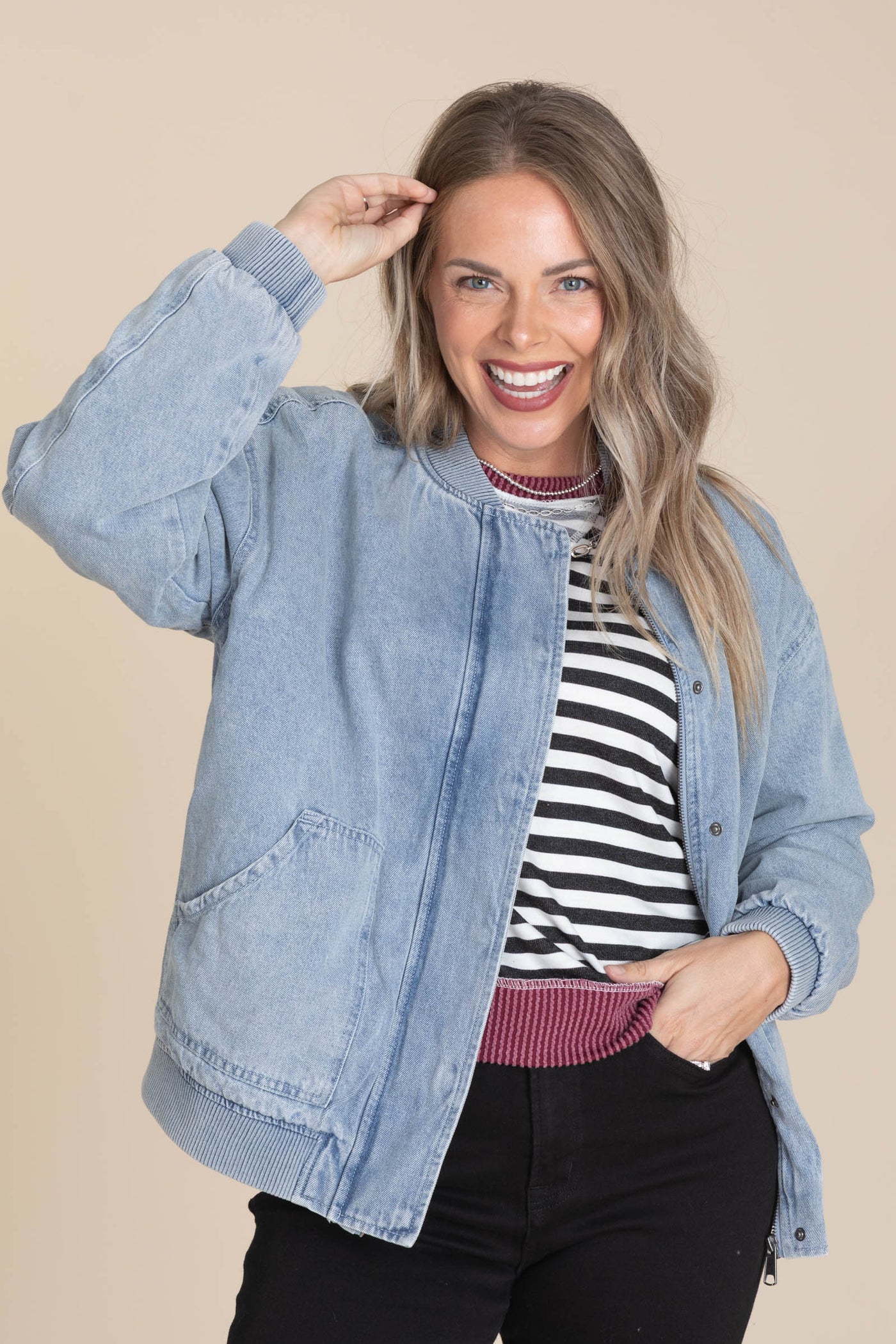 Denim Bomber Jacket With Pockets