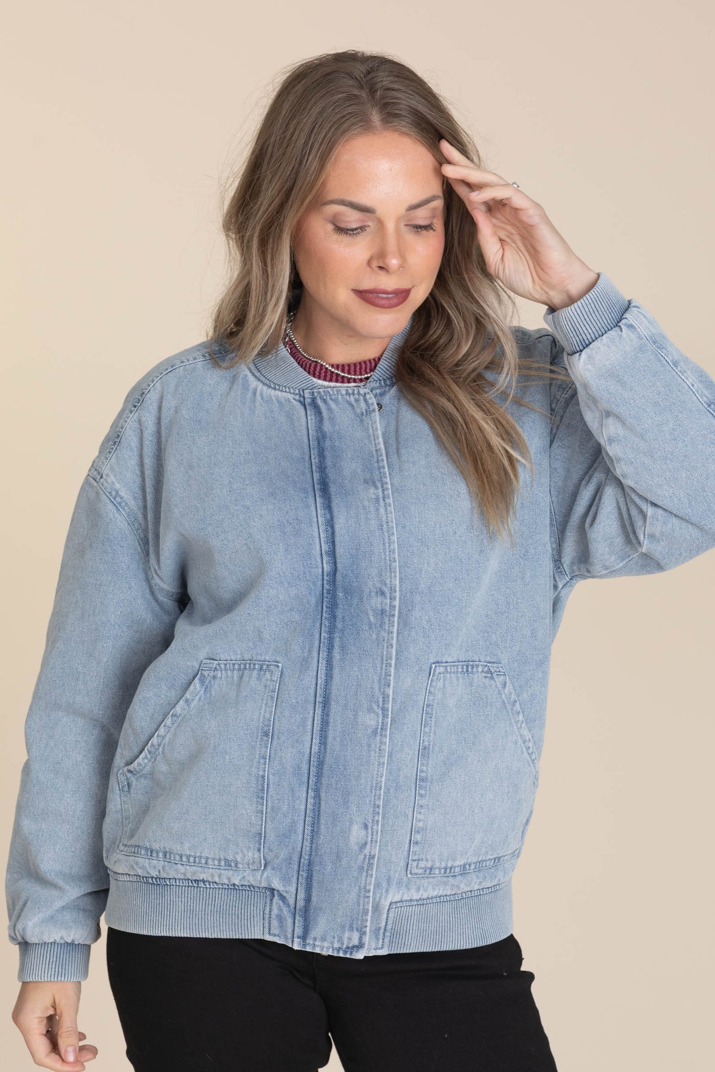 Denim Bomber Jacket With Pockets