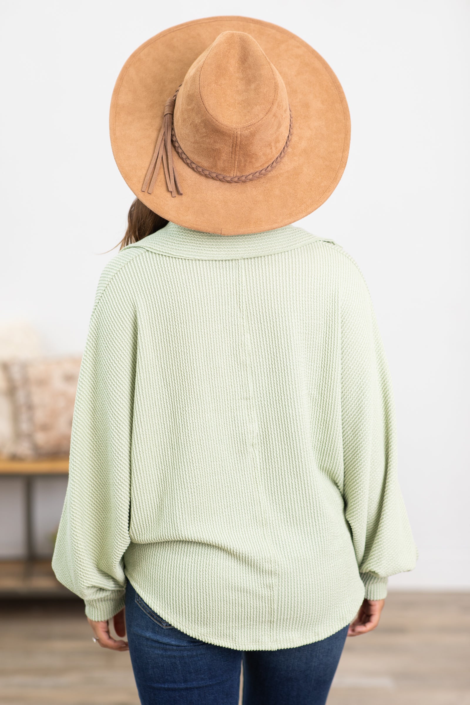 Sage Ribbed Top With Collar Detail