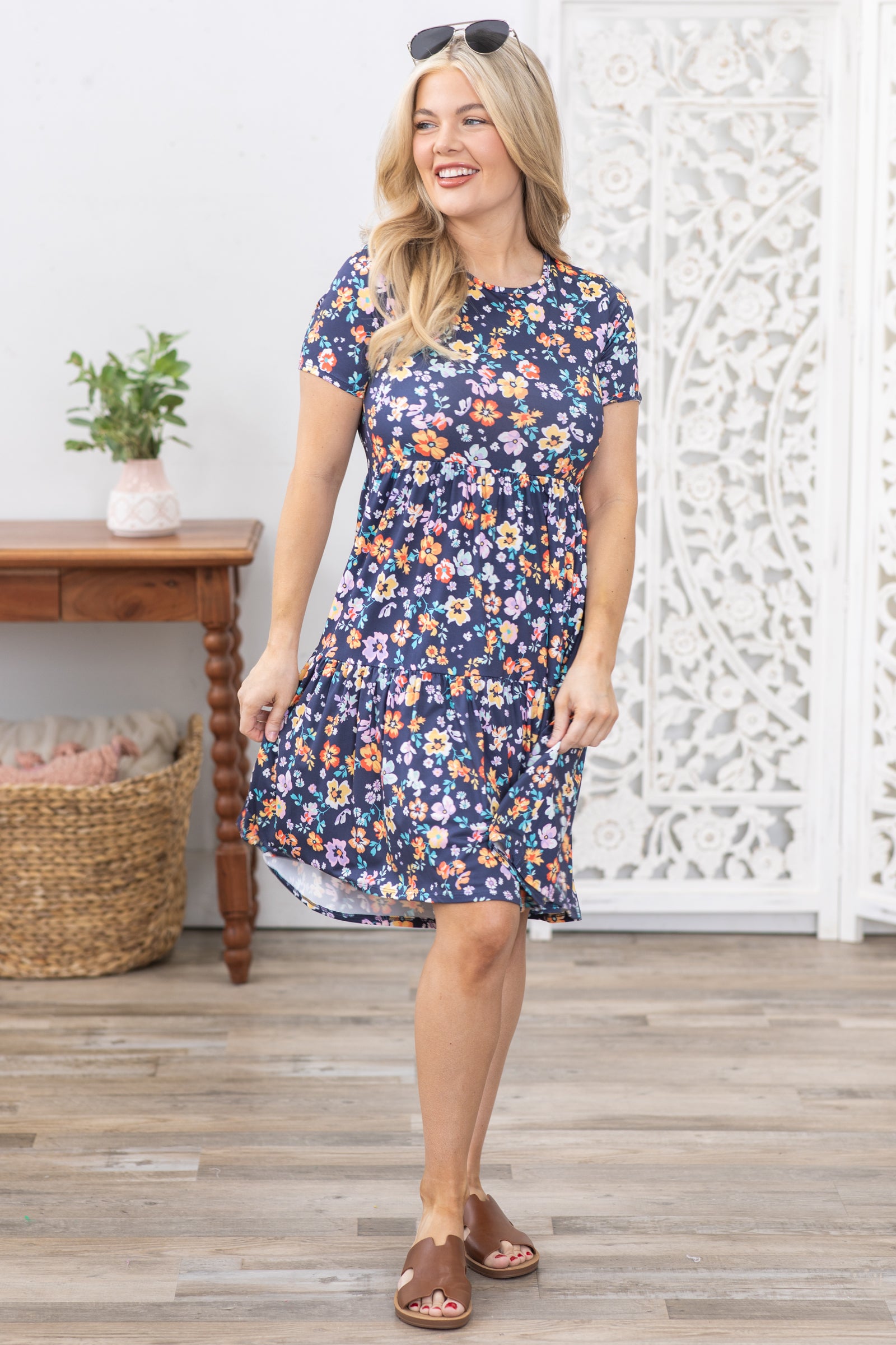 Navy Floral Tiered Skirt Dress