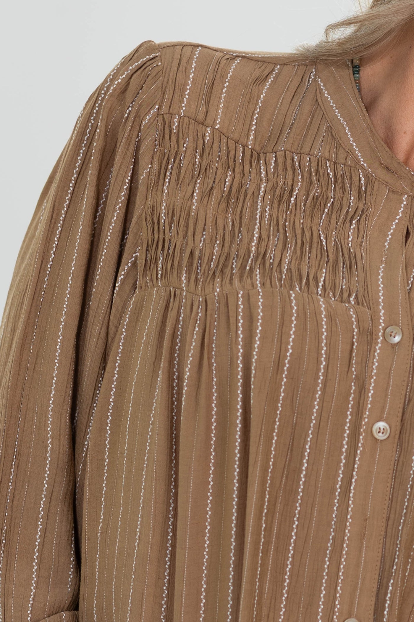 Cotierra Mocha Stripe Smocked Button Down Top