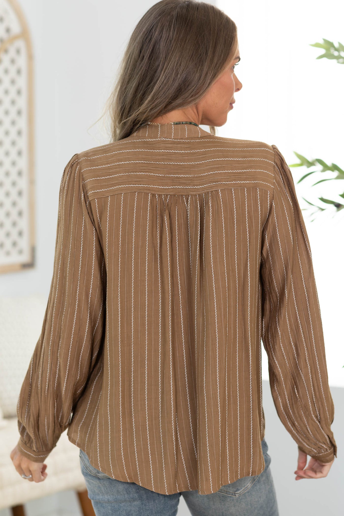 Cotierra Mocha Stripe Smocked Button Down Top