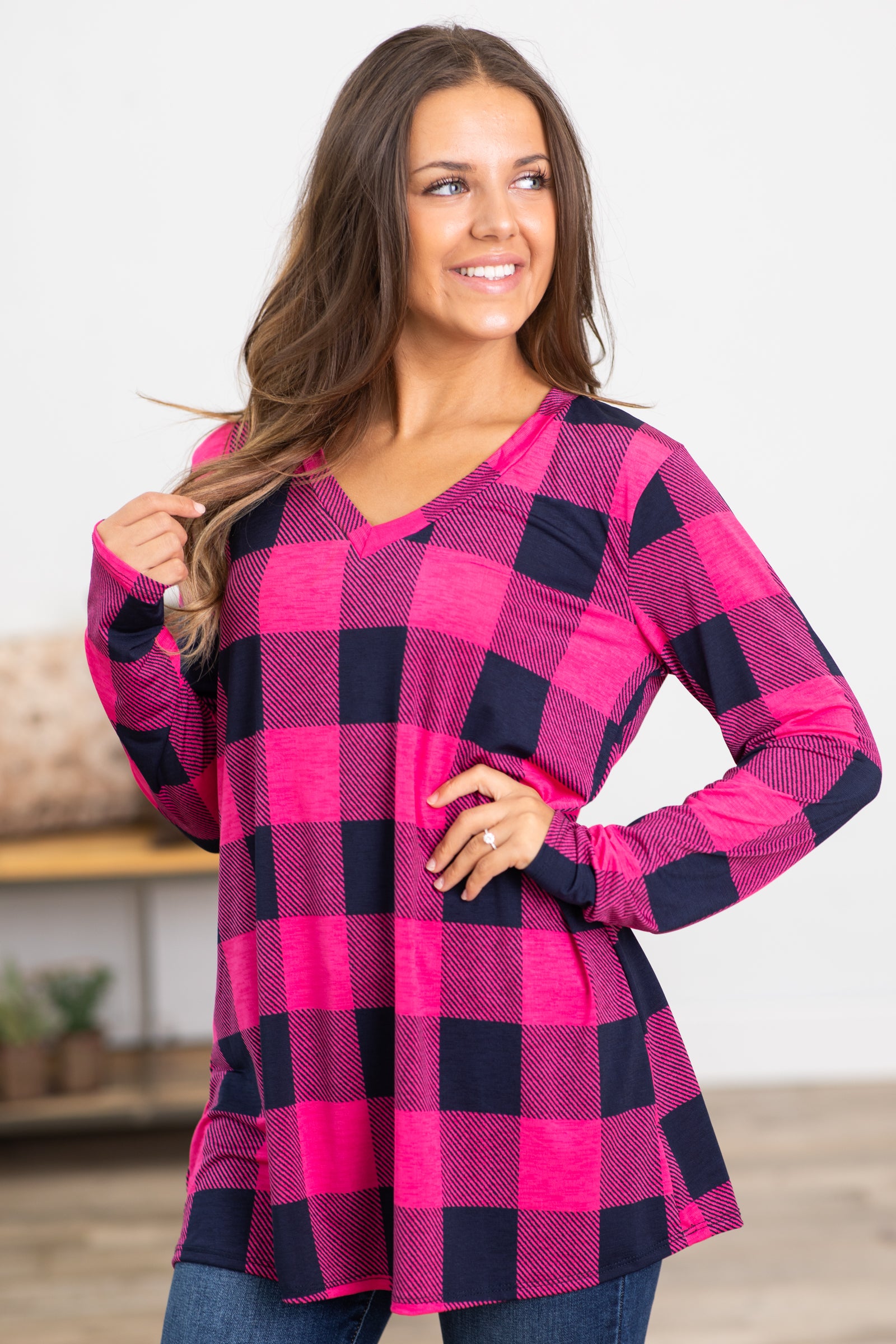 Hot Pink and Navy Plaid V-Neck Top