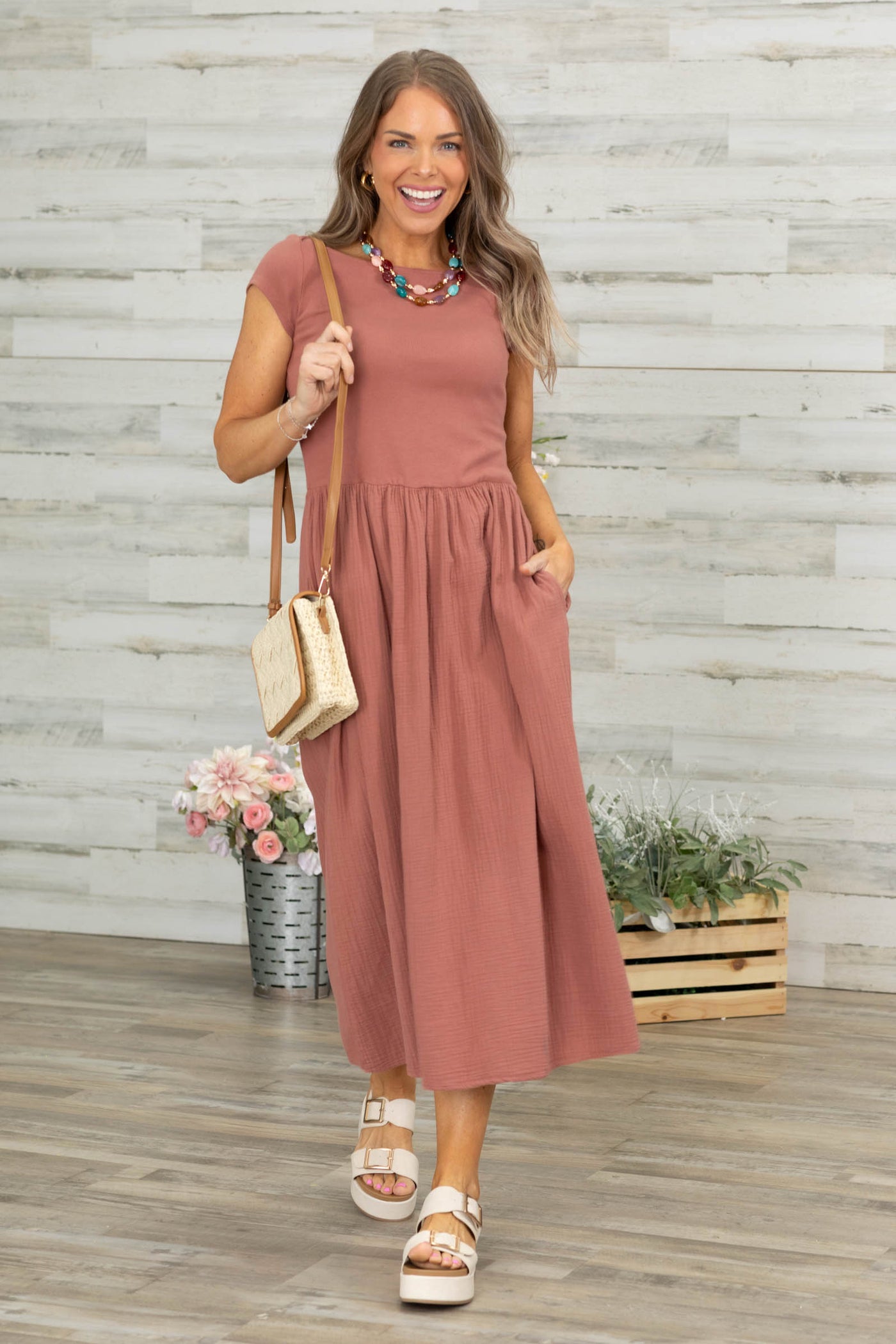 Terracotta Mixed Material Boat Neck Dress