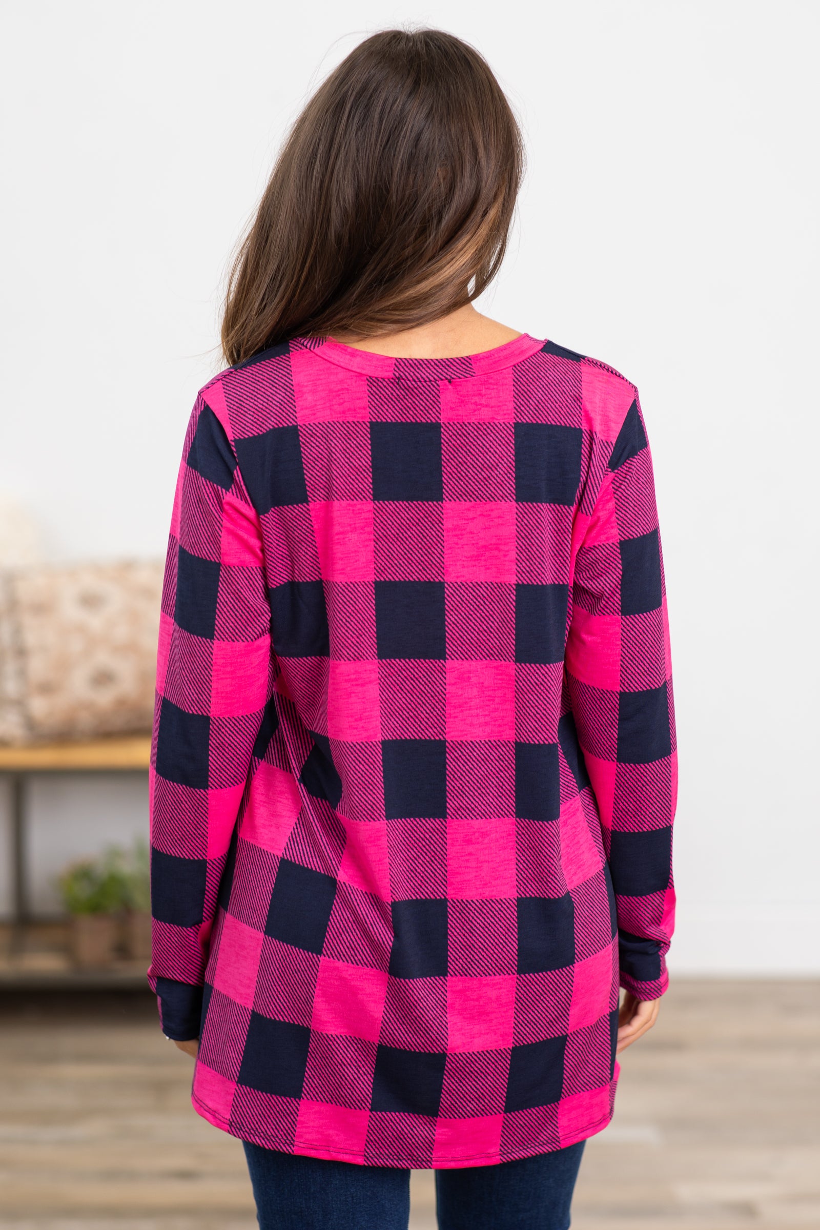 Hot Pink and Navy Plaid V-Neck Top
