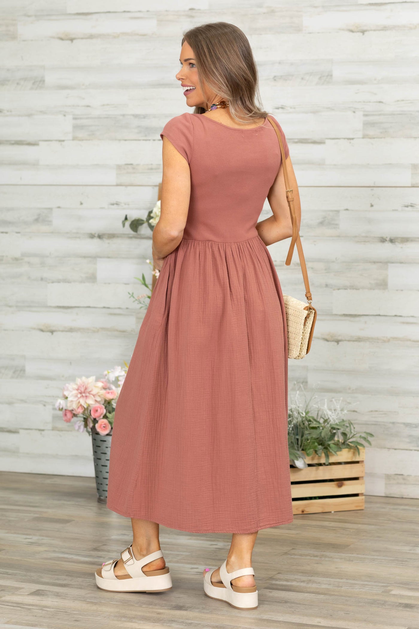 Terracotta Mixed Material Boat Neck Dress