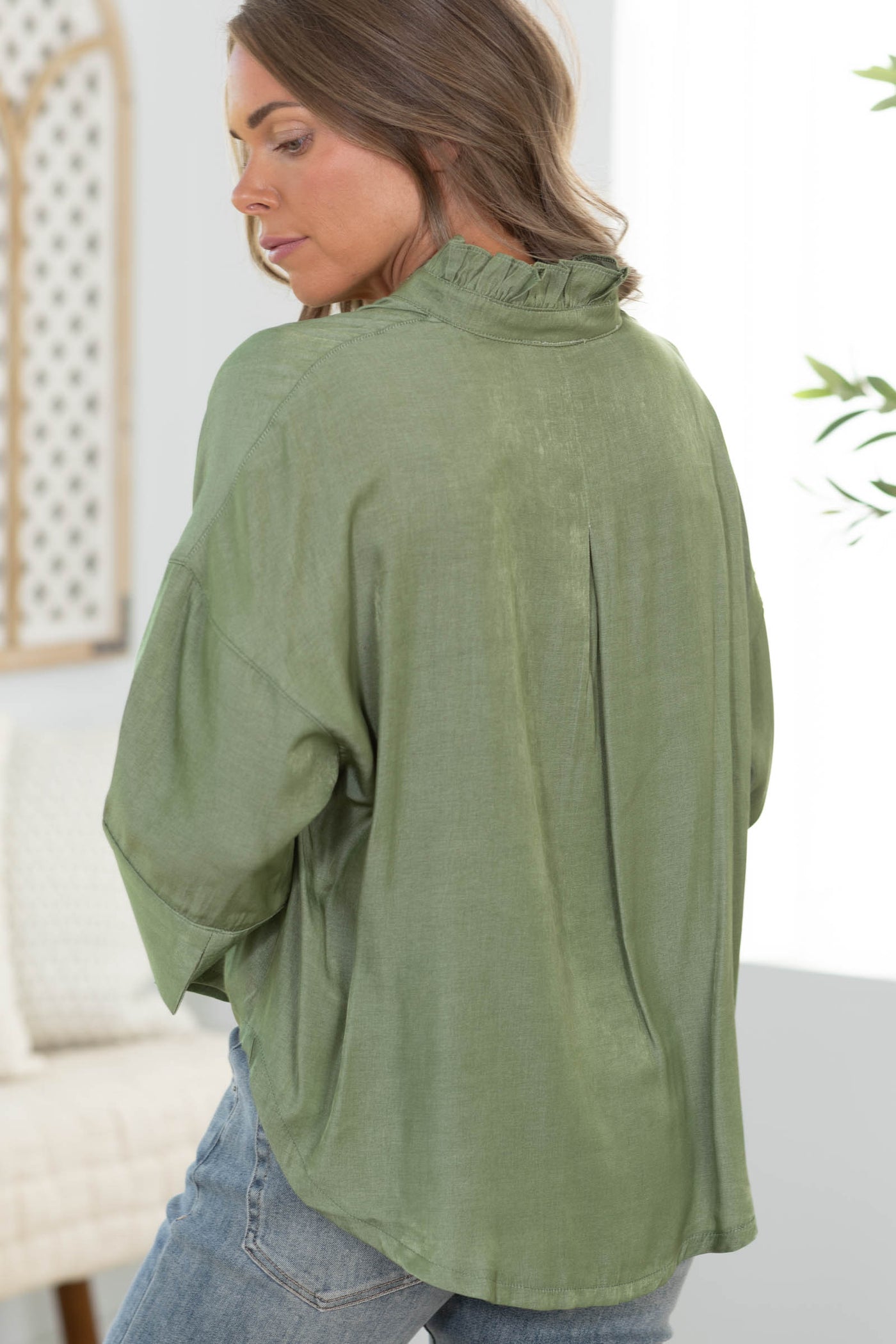 Ruffle V-Neck Wide Short Sleeves Woven Top