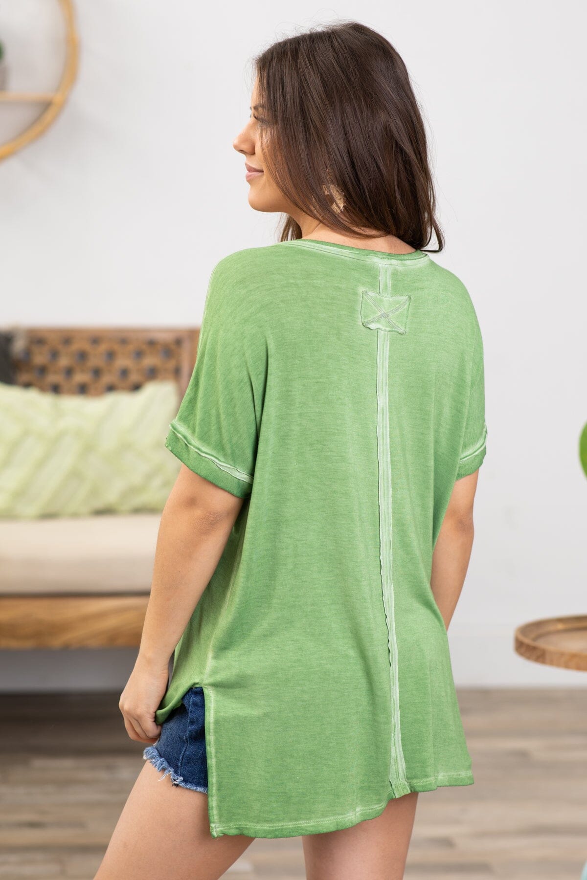 Olive Washed V-Neck Top - Filly Flair