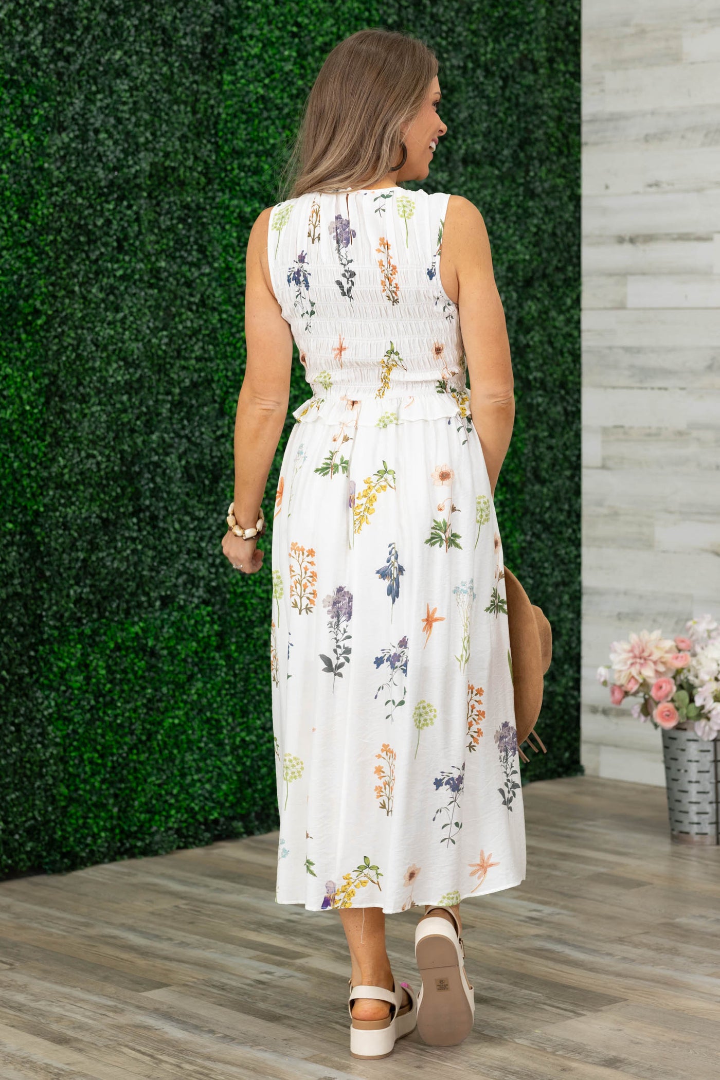 Ivory Smocked Halter Floral Midi Dress