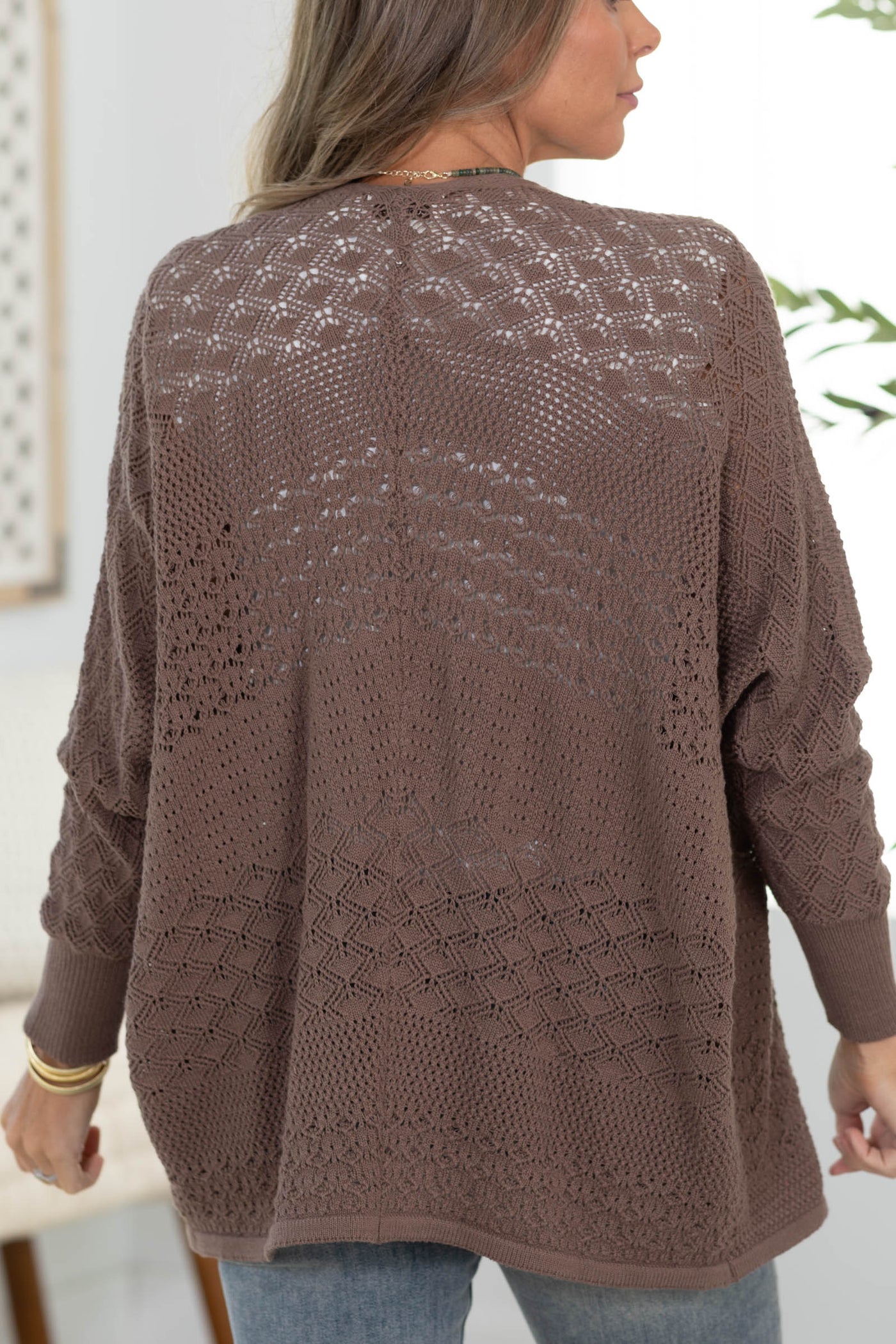 Lightweight Crochet Knit Cardigan With Batwing Sleeves