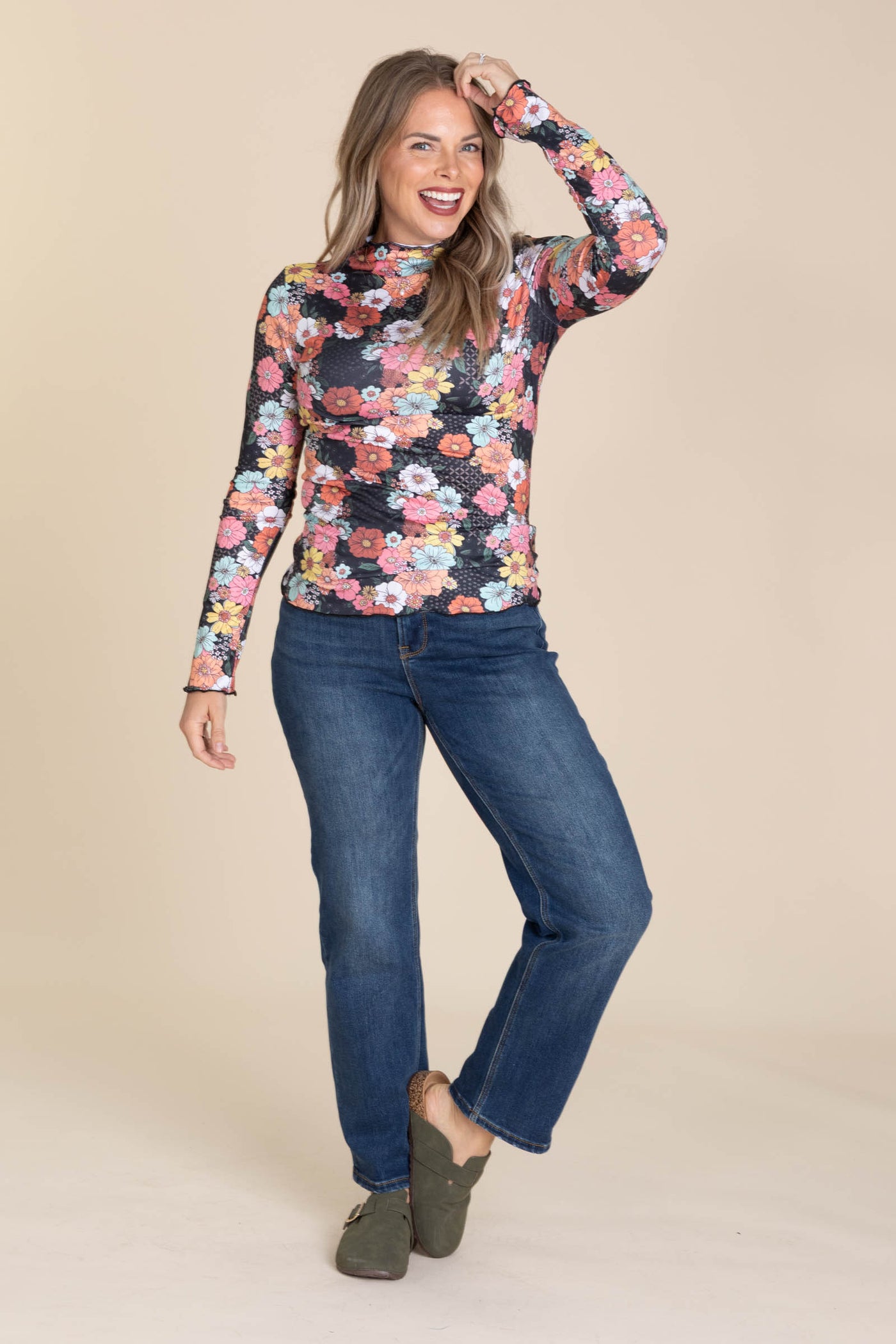Black Mock Neck Floral Knit Top