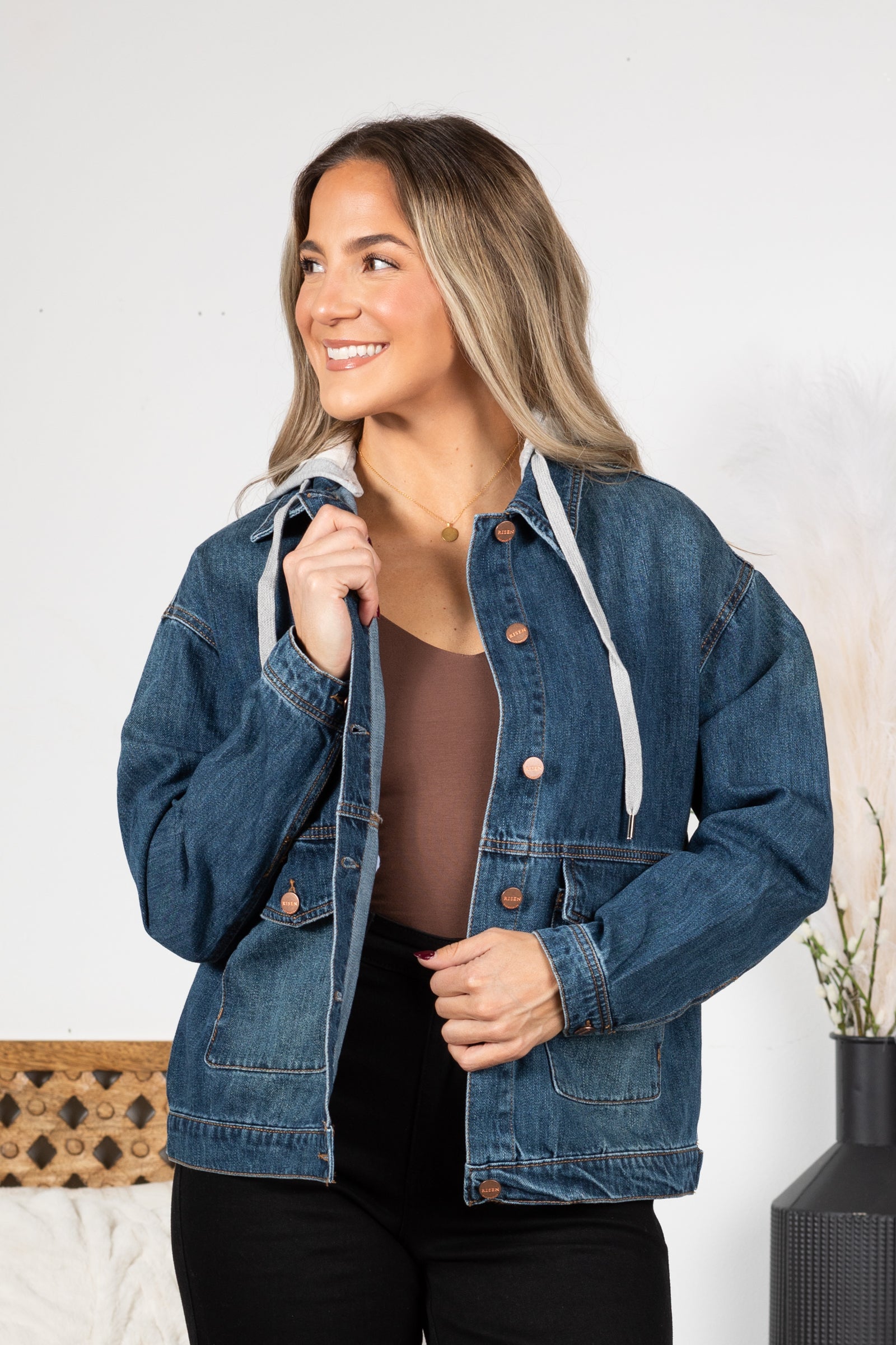 Risen Dark Wash Oversized Hoodie Denim Jacket · Filly Flair