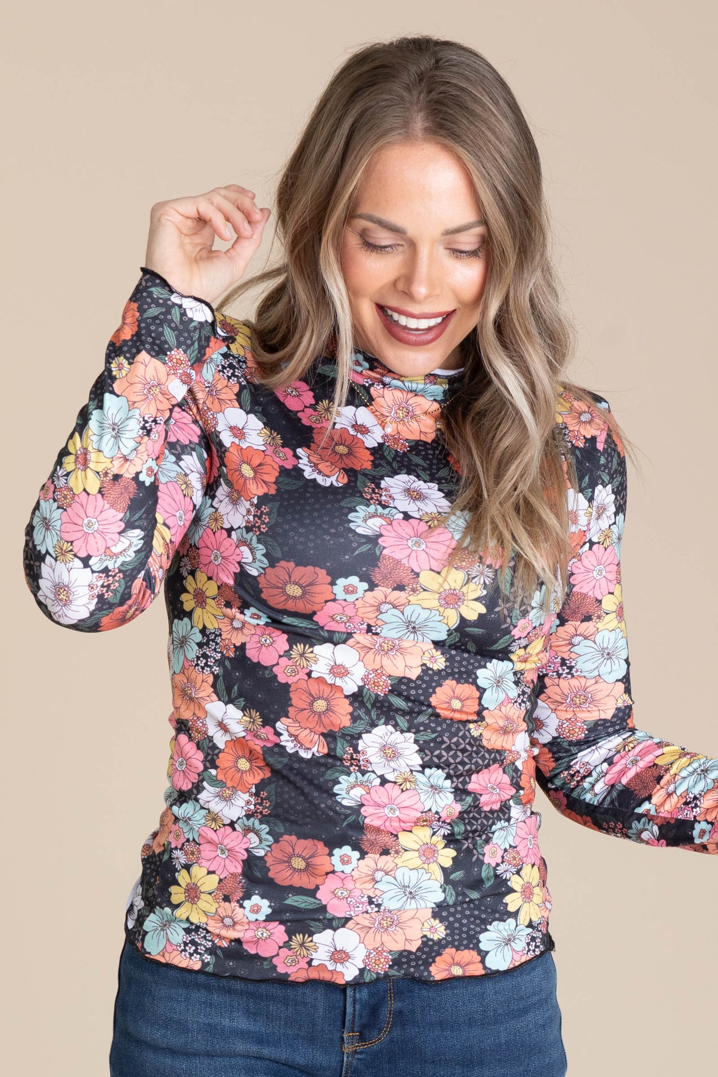 Black Mock Neck Floral Knit Top