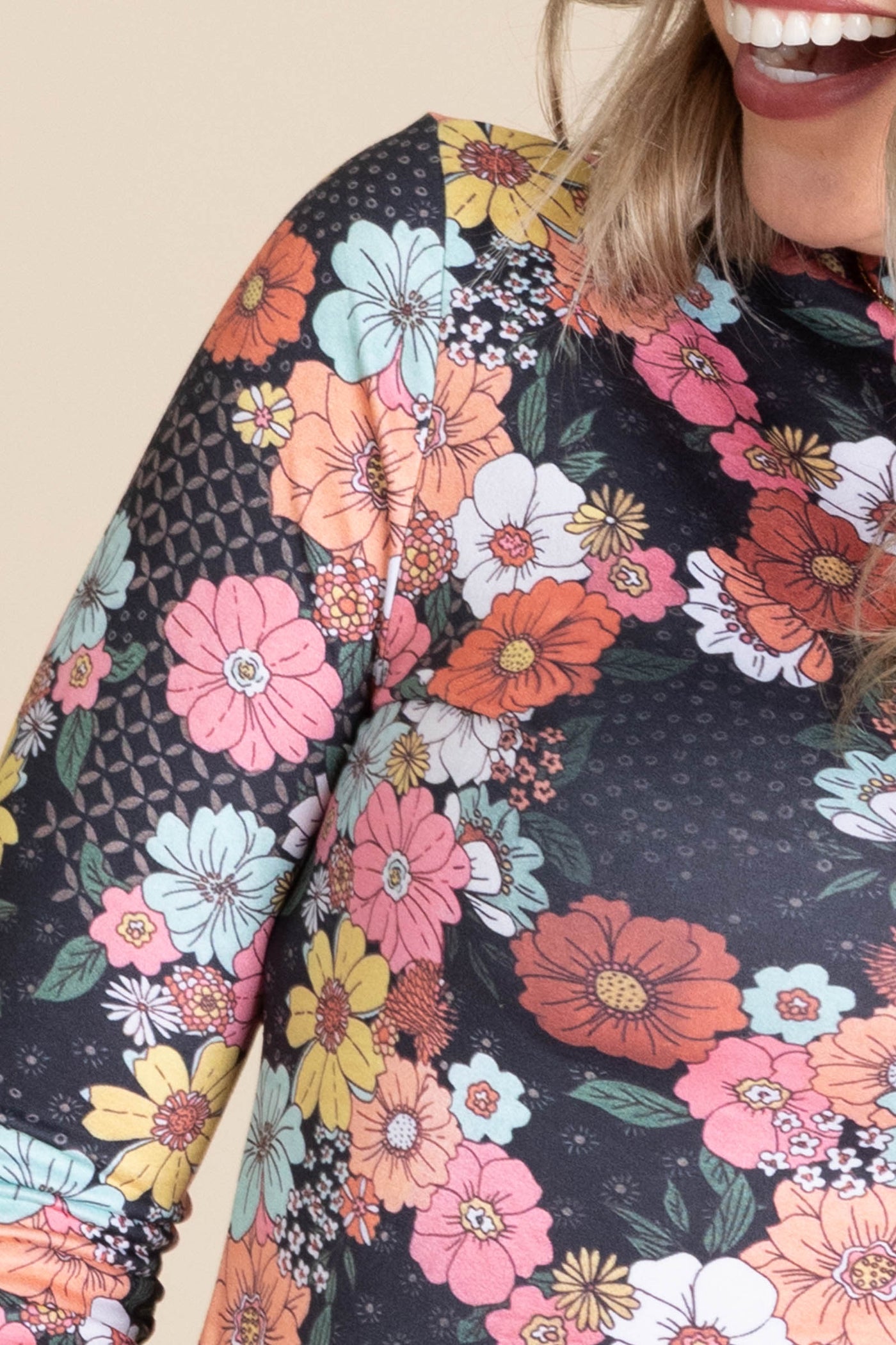 Black Mock Neck Floral Knit Top