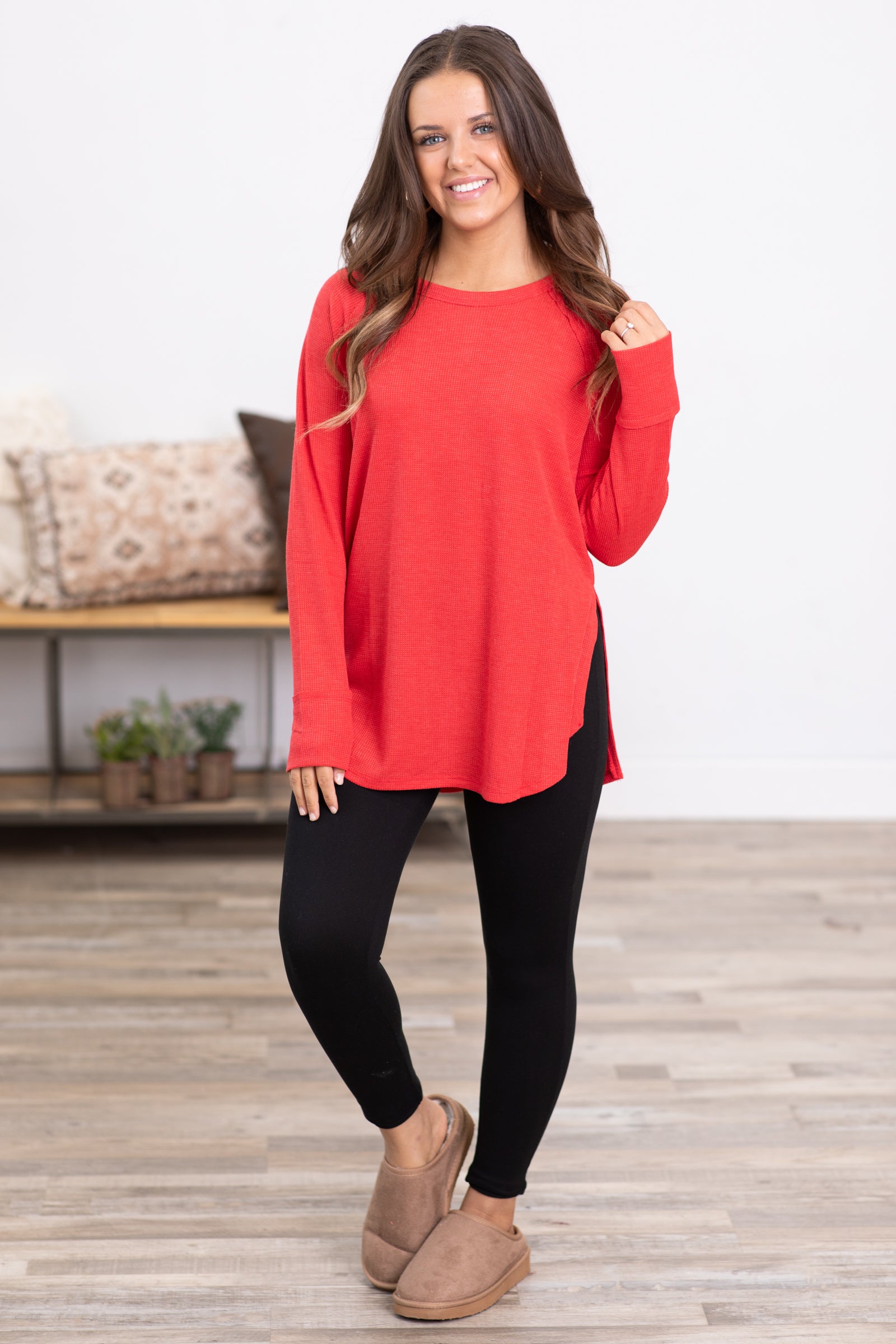 Red Baby Waffle Knit Top With Side Slit