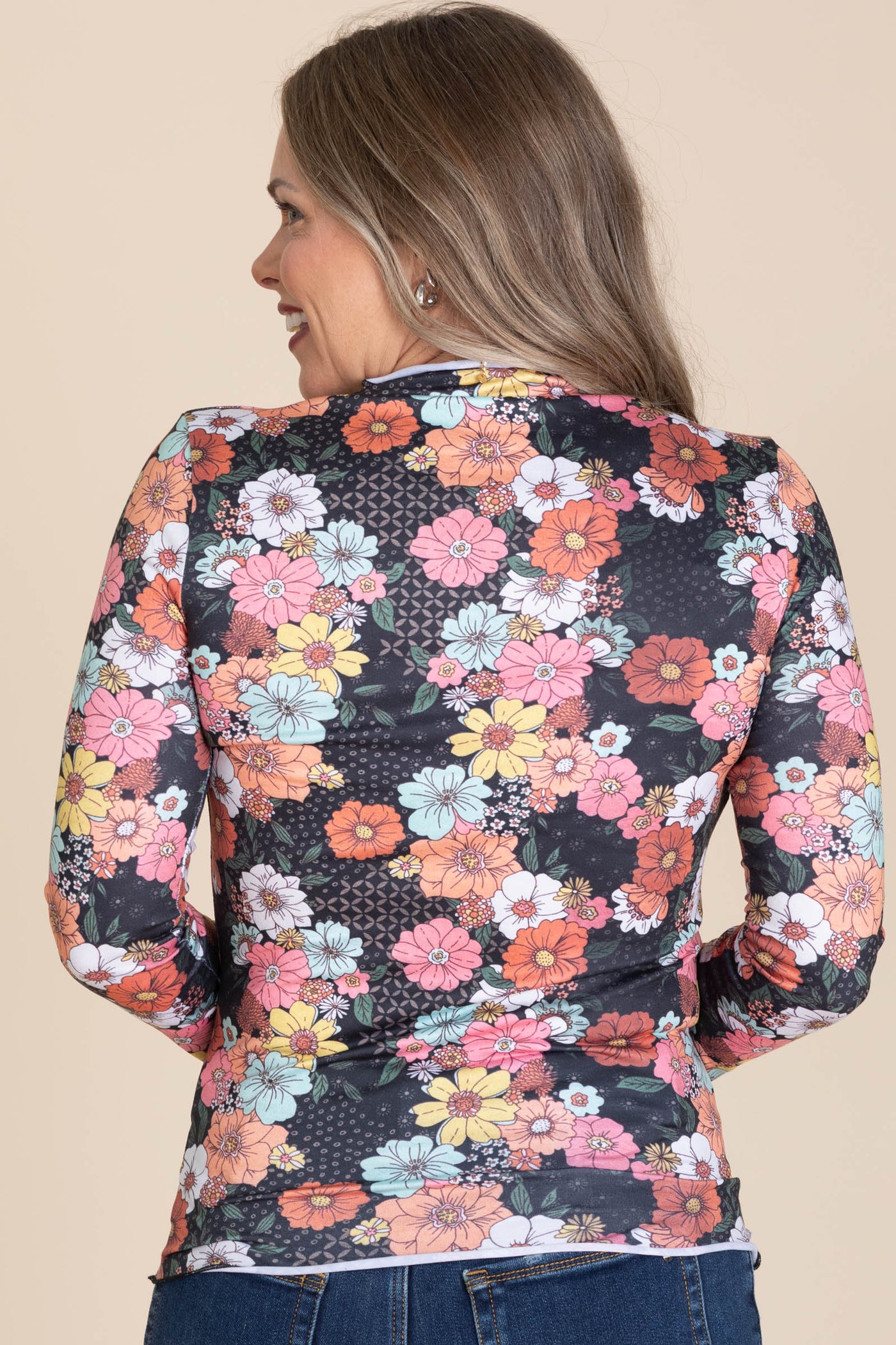 Black Mock Neck Floral Knit Top