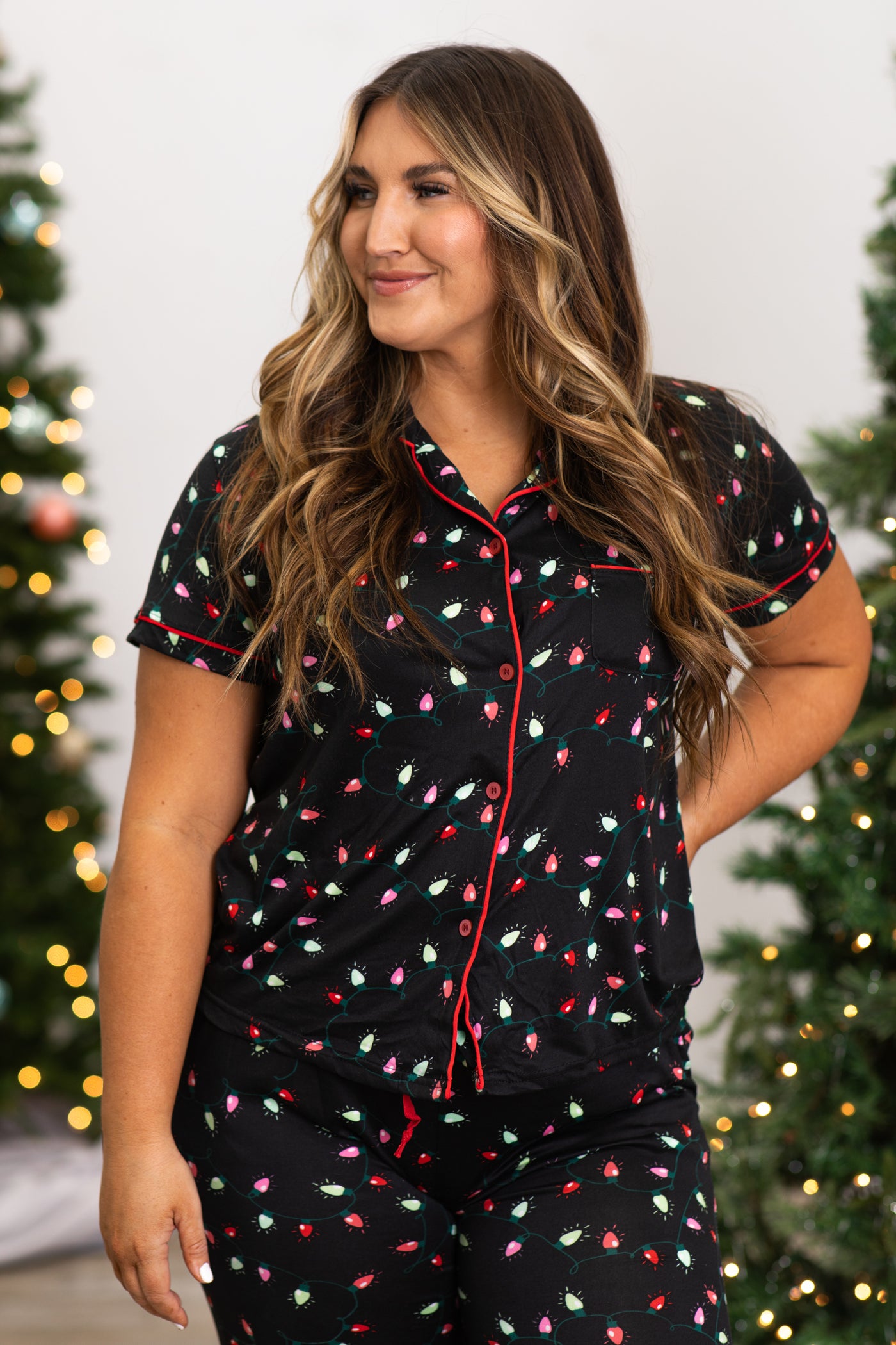 Black Christmas Lights Print Pajama Top