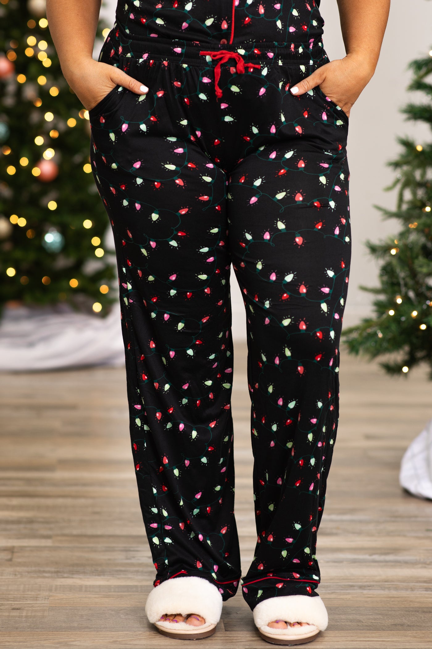 Black Christmas Lights Print Pajama Pants