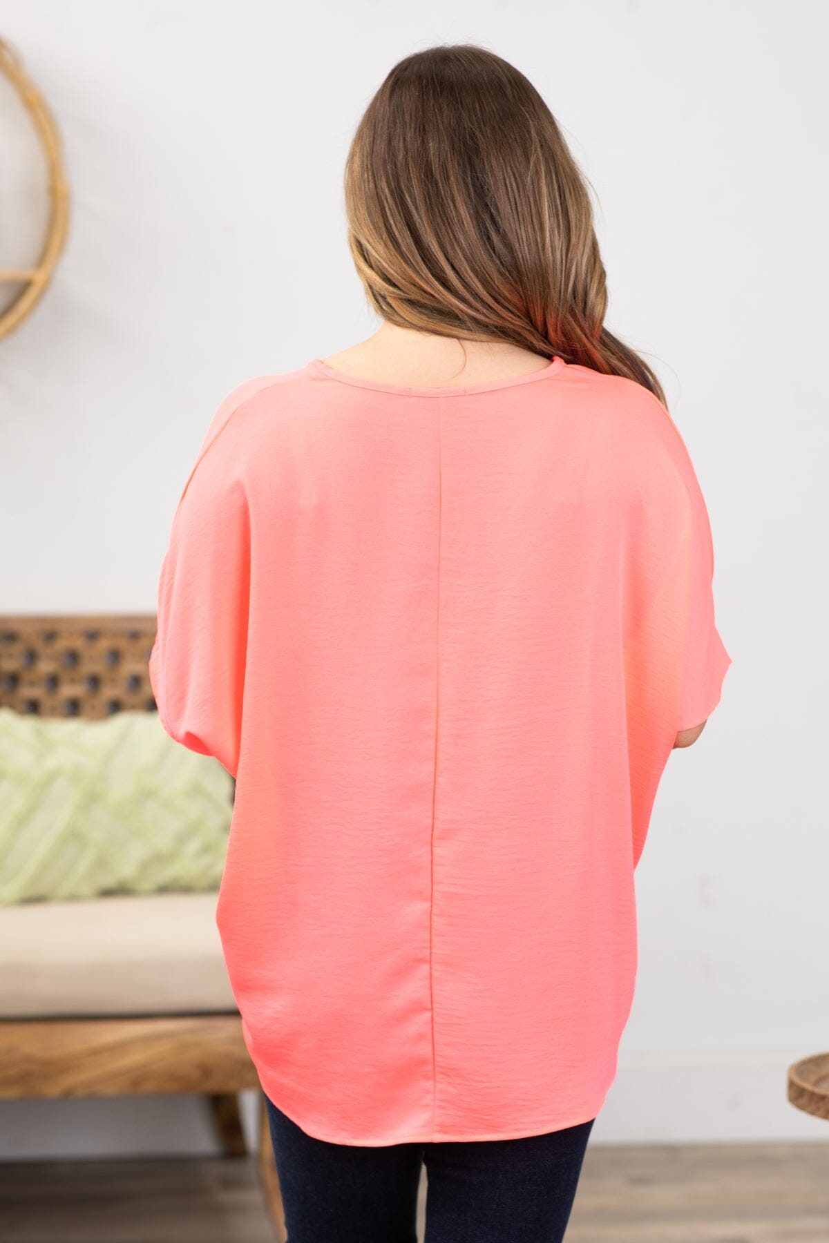 Neon Pink V-Neck Top With Pocket Detail - Filly Flair