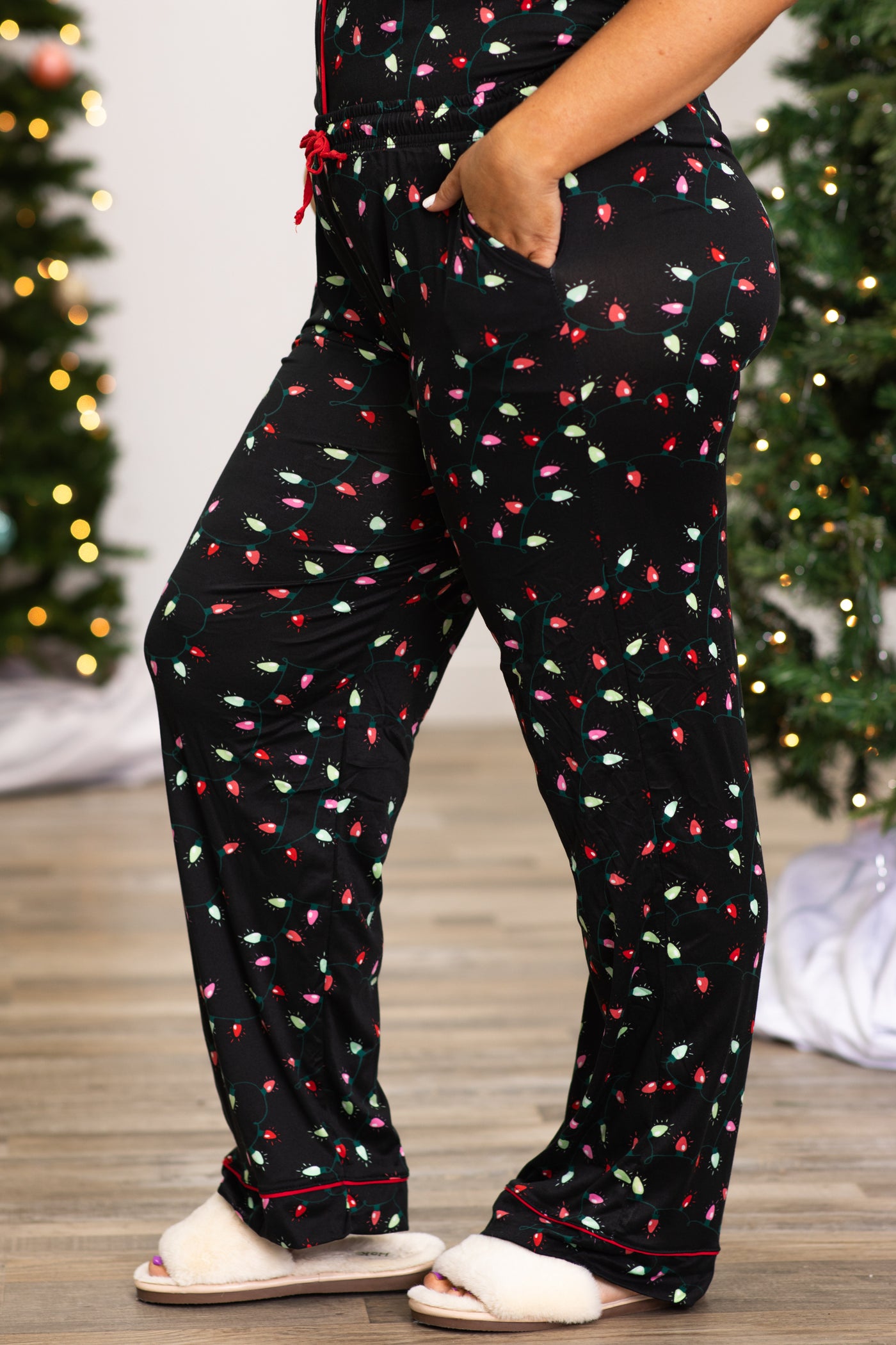 Black Christmas Lights Print Pajama Pants