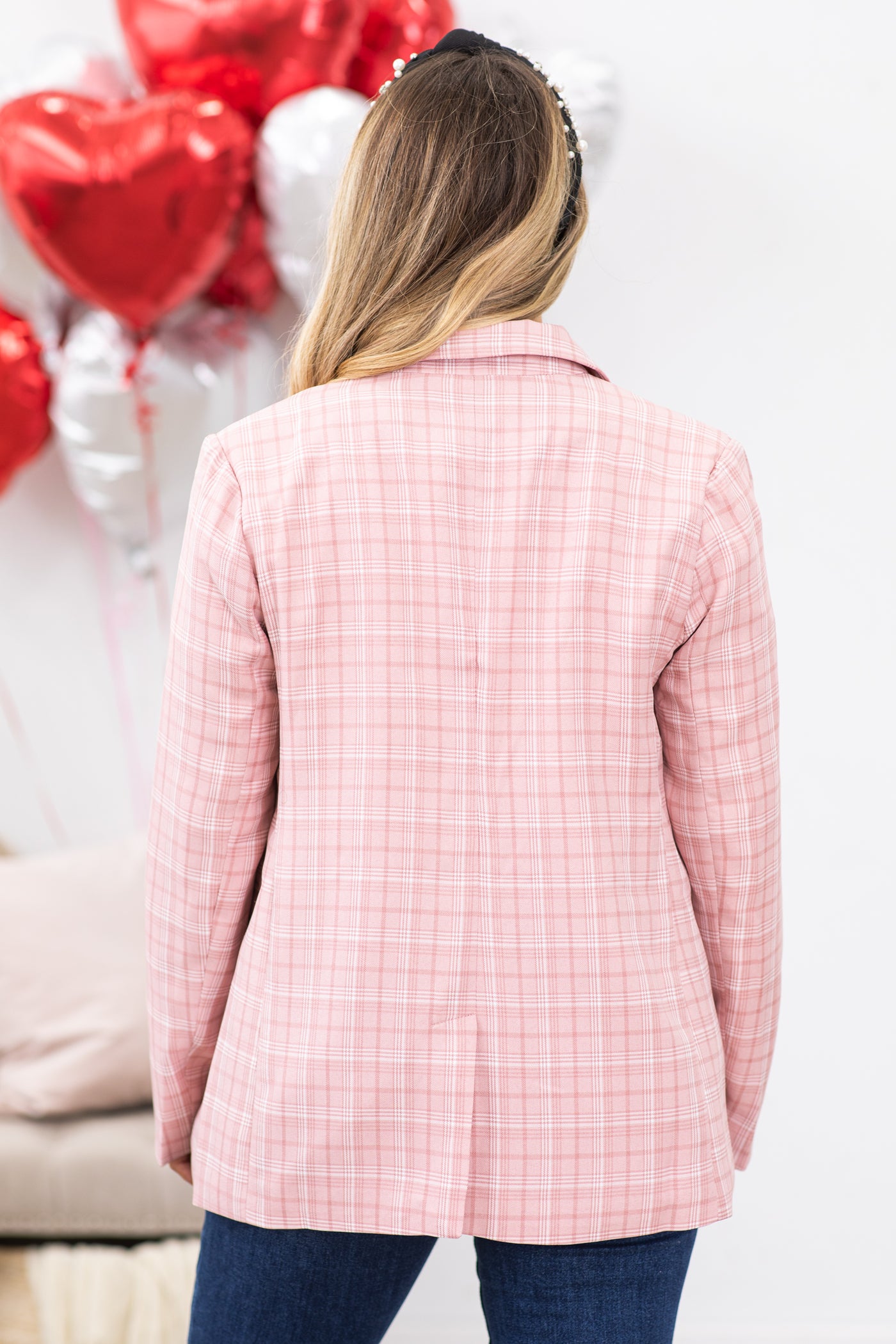 Blush Plaid Buttoned Lapeled Blazer