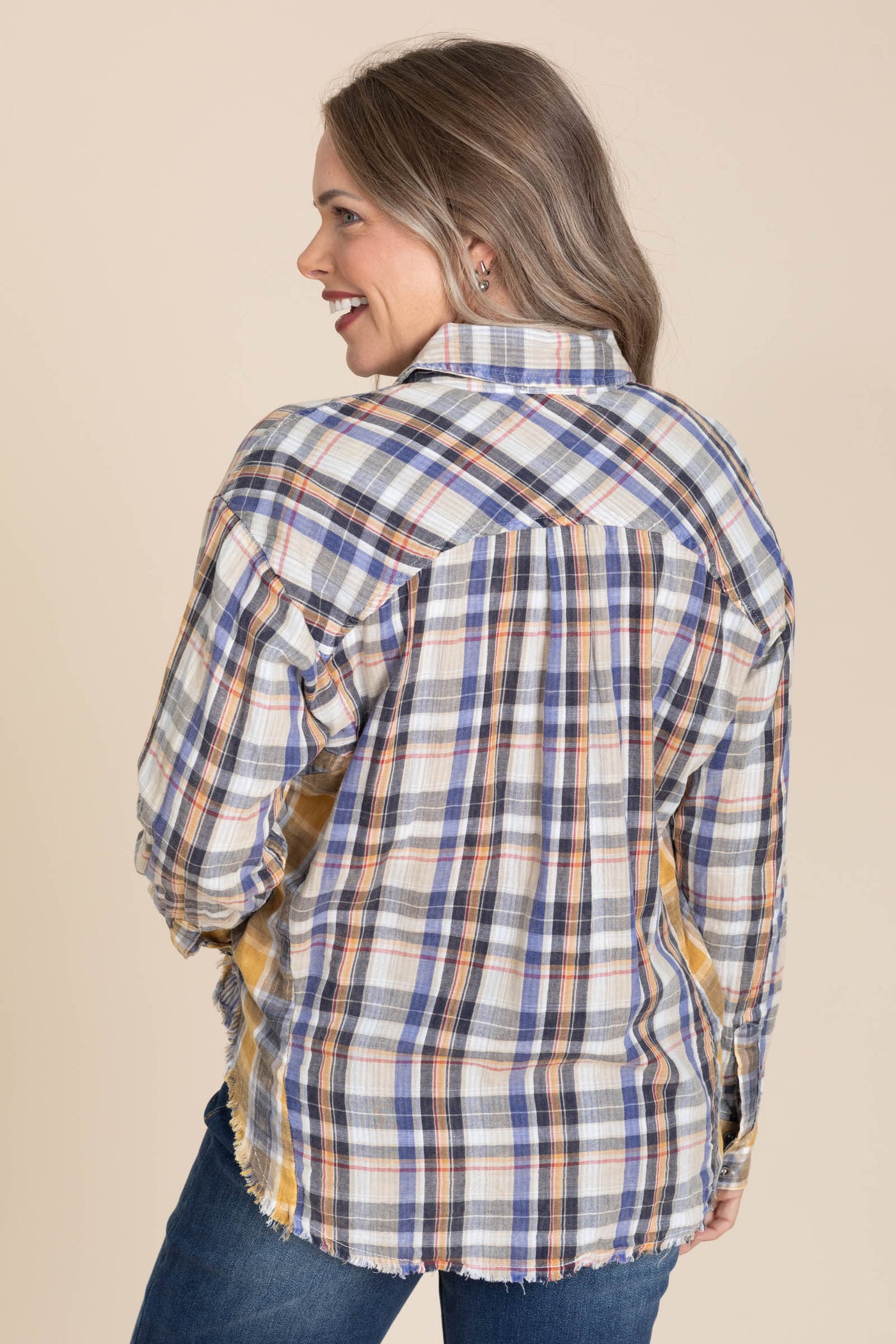 Mustard And Navy Plaid Button Up Fray Hem