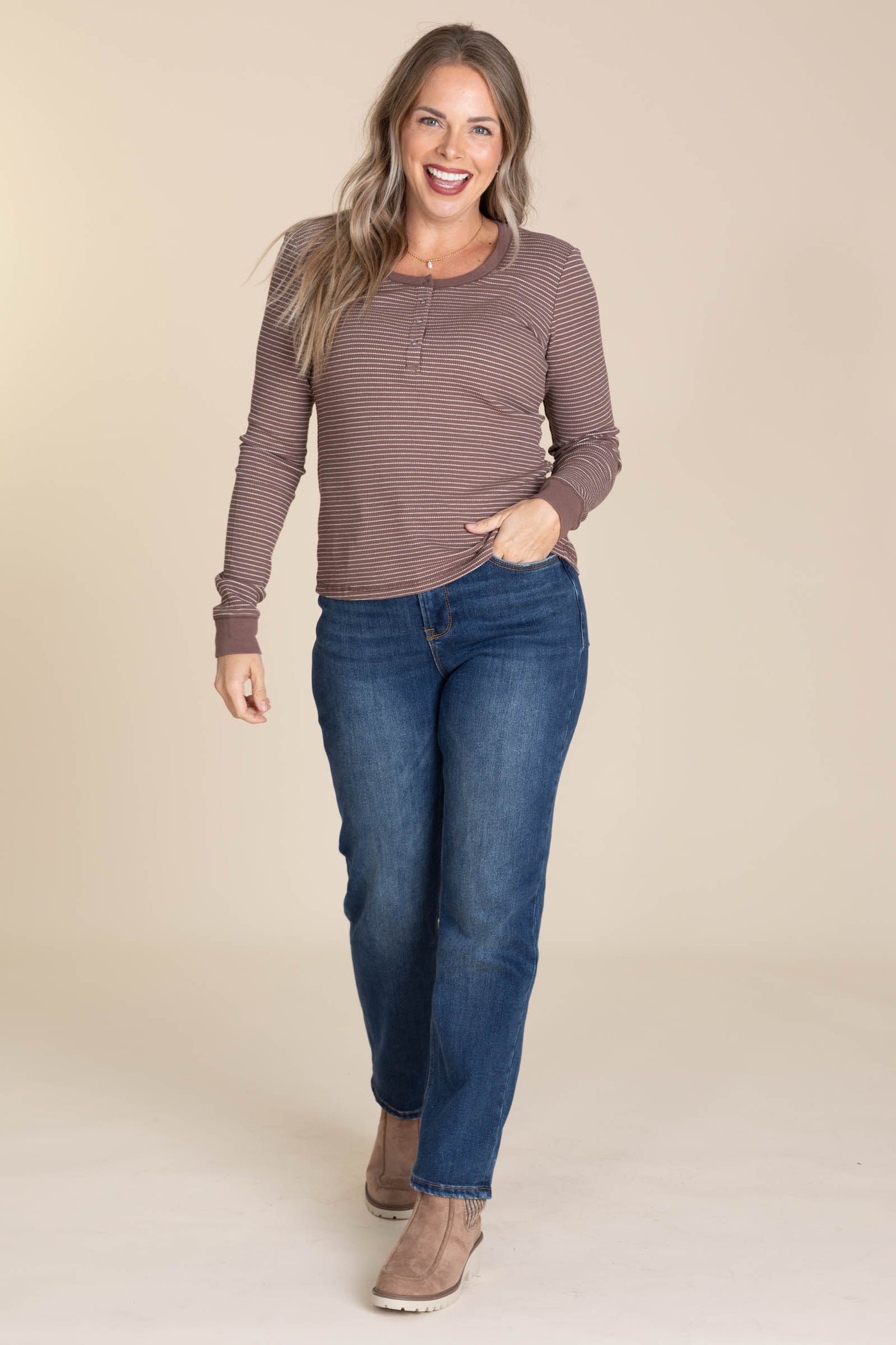 Stitched Thermal Henley Neck Knit Tops