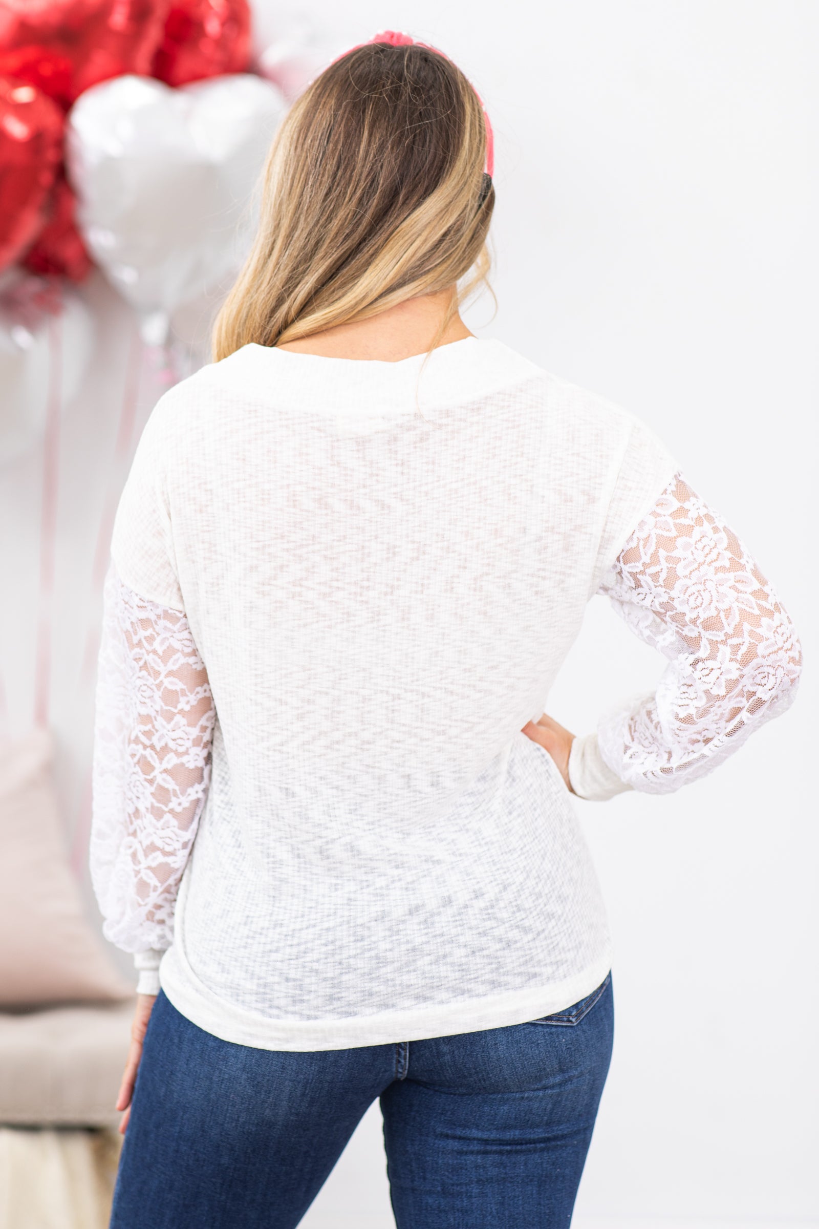 Ivory Rib Knit Top With Lace Sleeves