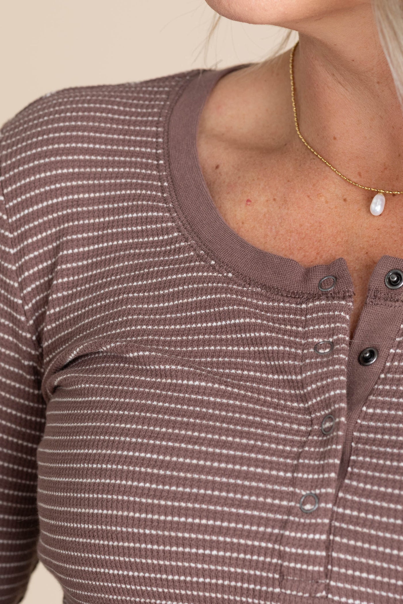 Stitched Thermal Henley Neck Knit Tops