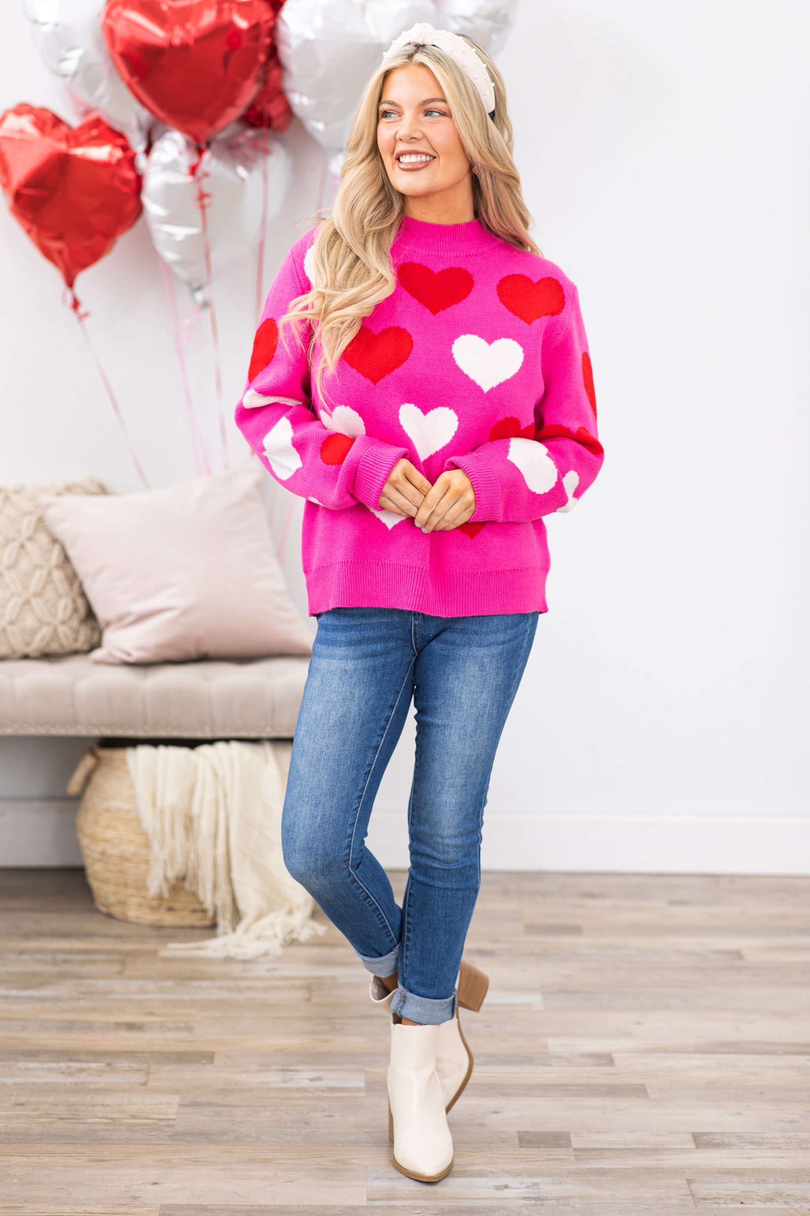 Pink Heart Pattern Intarsia Sweater