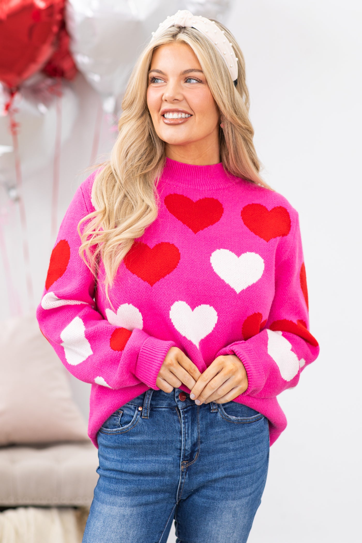 Pink Heart Pattern Intarsia Sweater