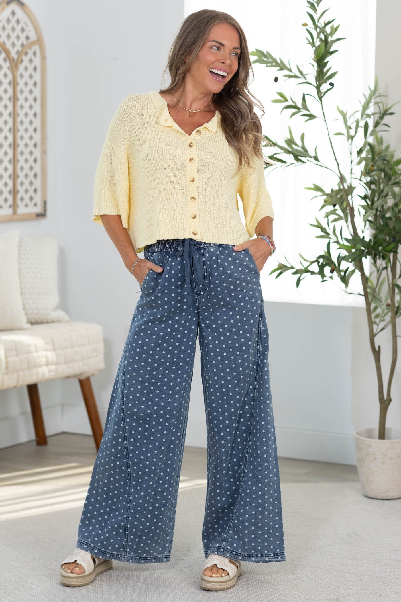 Denim Polka Dot Drawstring Pants
