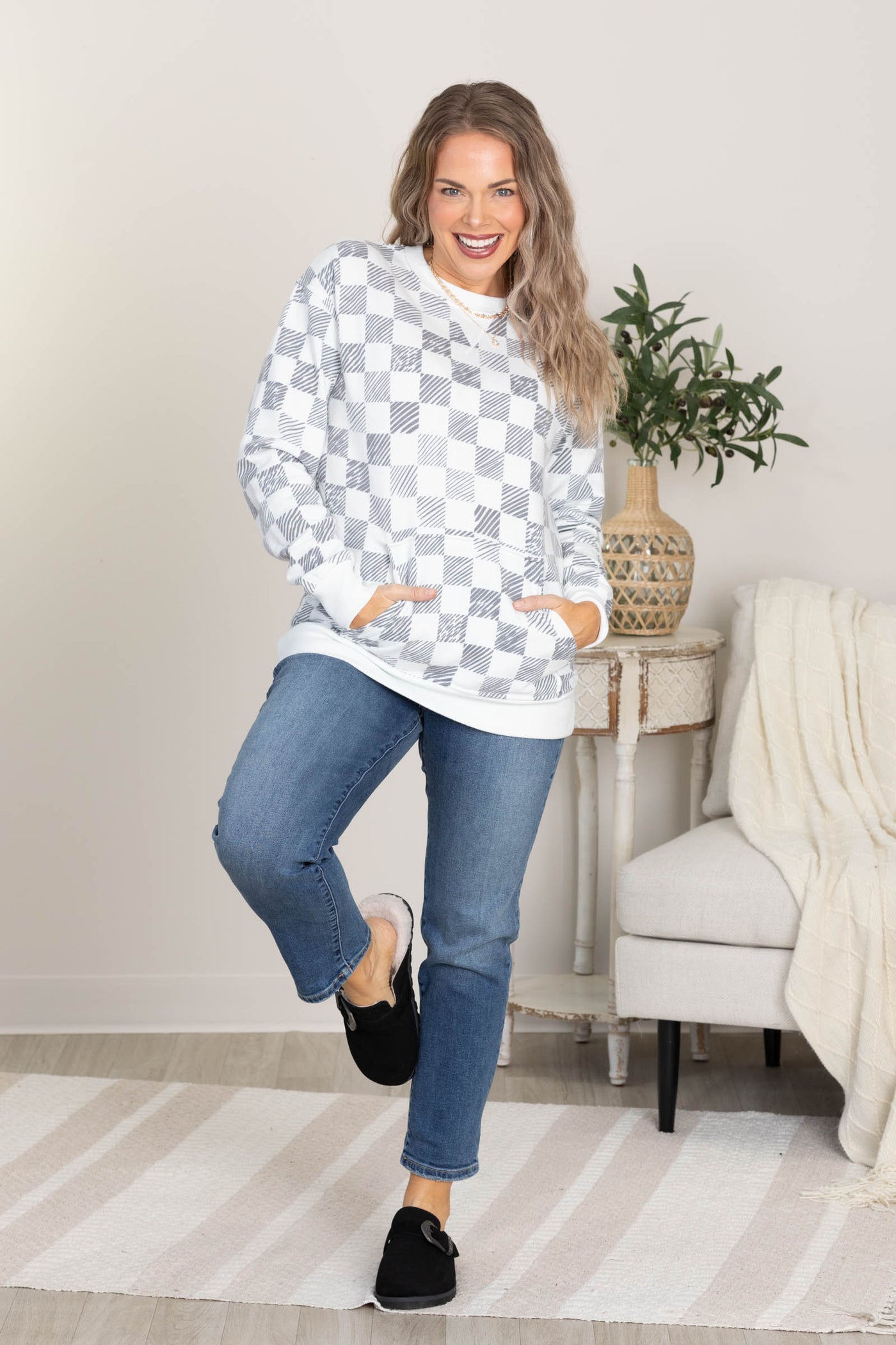 Made For You Printed Sweatshirt by Filly Flair in Checkered Print