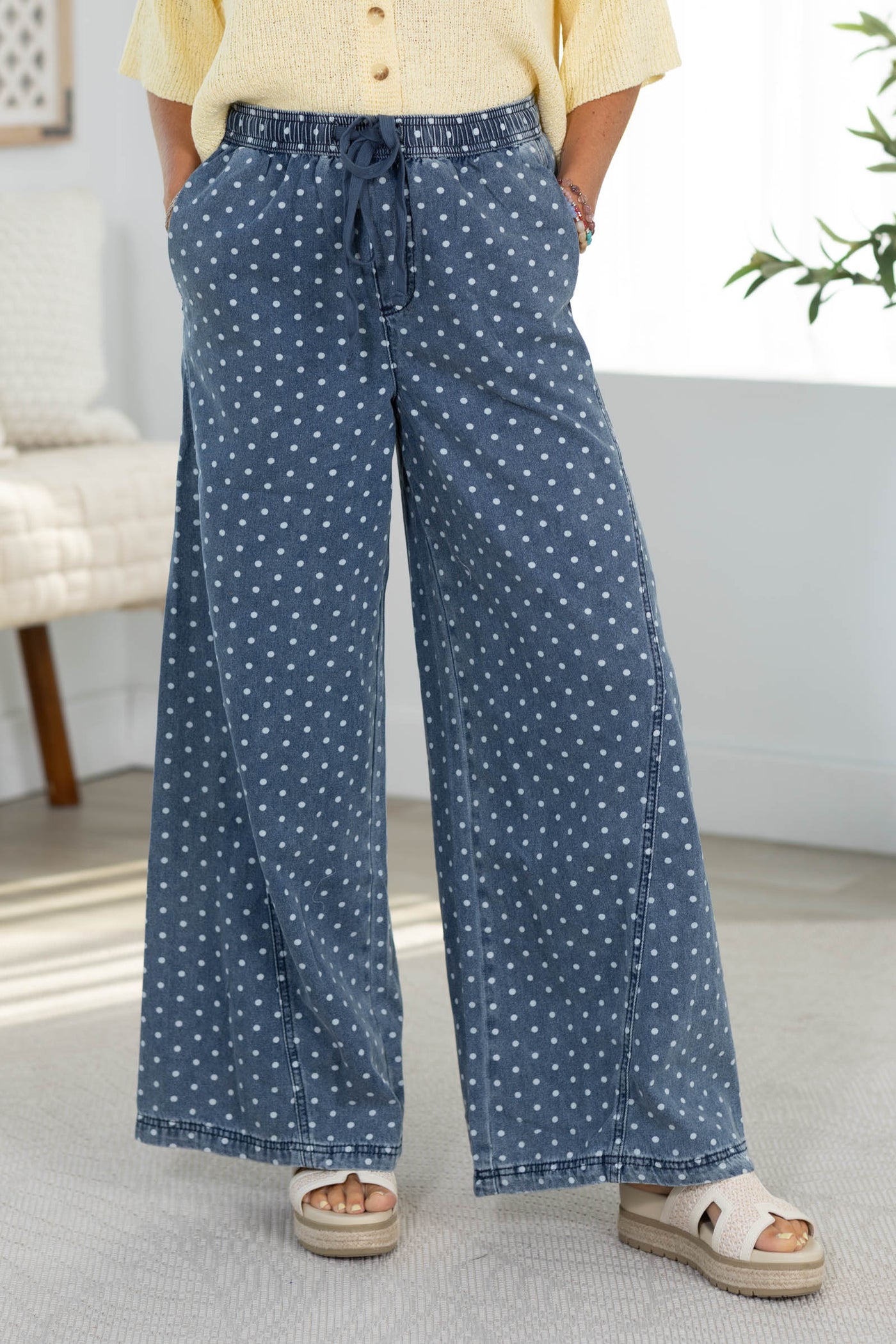 Denim Polka Dot Drawstring Pants