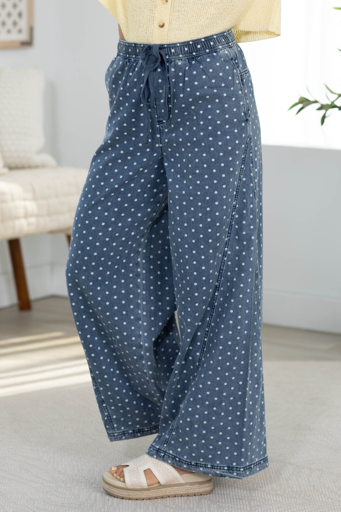 Denim Polka Dot Drawstring Pants