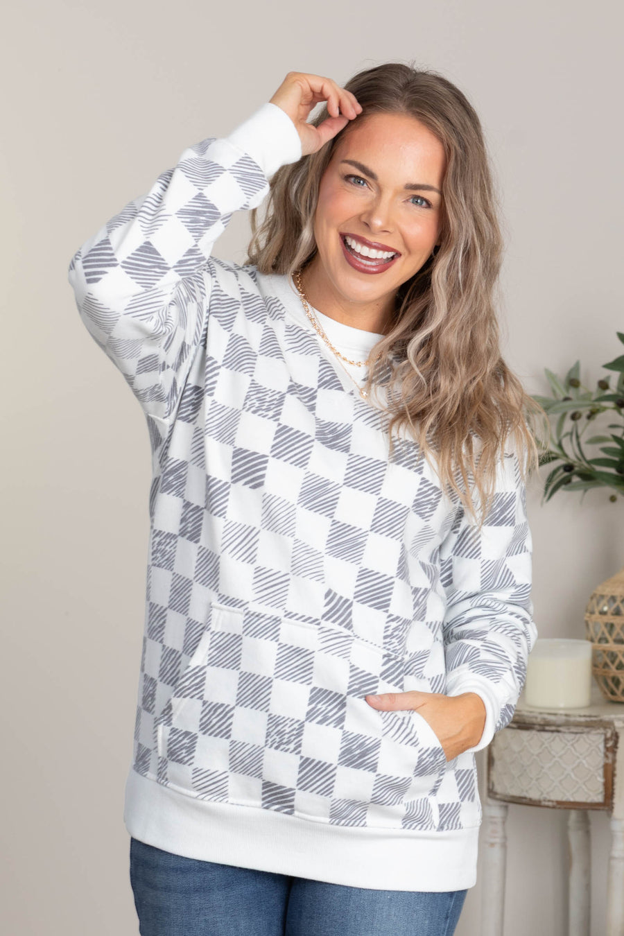 Made For You Printed Sweatshirt by Filly Flair in Checkered Print