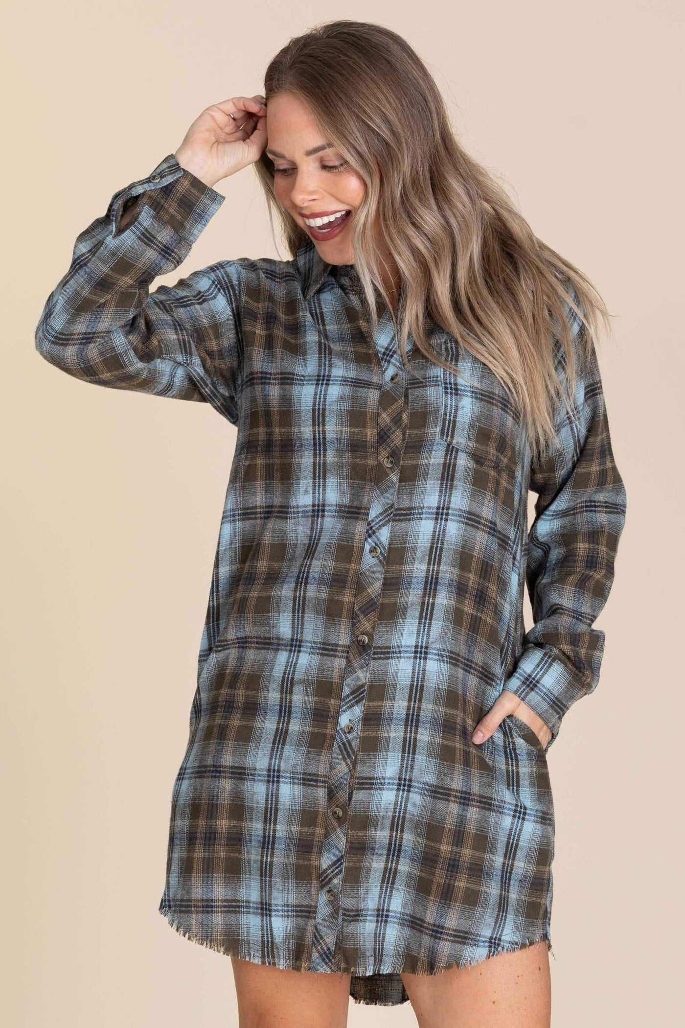 Brown Mineral Washed Plaid Shirt Dress